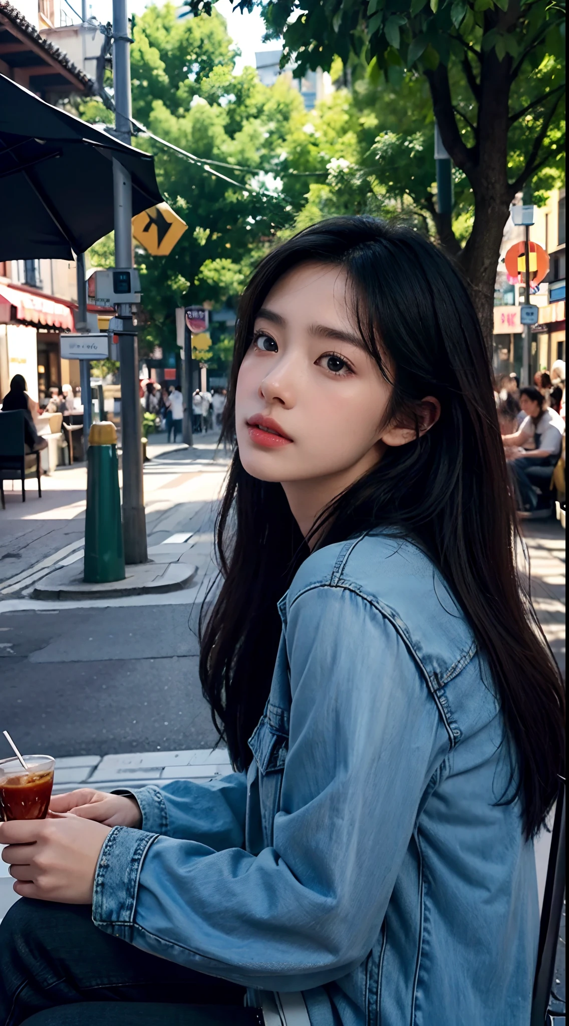 Large resolution, Realistic portrait of the city's snack street，Amateurs with perfect skin，Sitting position，Hold your phone in your hand，Medium half-body，Side lens，Sit at the bus stop sign and wait for the bus，Back shadow，sideface，Long black hair，Show confidence and maturity, Longing for freedom and beauty，Be surrounded by an atmosphere of tapas， Vibrant and naturally lit highlights. The artwork should emphasize her elegant facial features, Including charming long eyes, Fluttering eyelashes and seductive lips. The scene should be enhanced with elements of professionalism and visual appeal，For example, Lively crowds on the city's snack streets, Mainframe computers, High-resolution display, and complex crowds，Shop， The overall tone should be warm and professional, Has a soft and natural color palette. The artwork should exude a sense of professionalism,  and cultural pride，The background is slightly blurred，Highlight the realism of the characters and backgrounds，Wear a black shirt in summer，Pair it with light blue jeans，