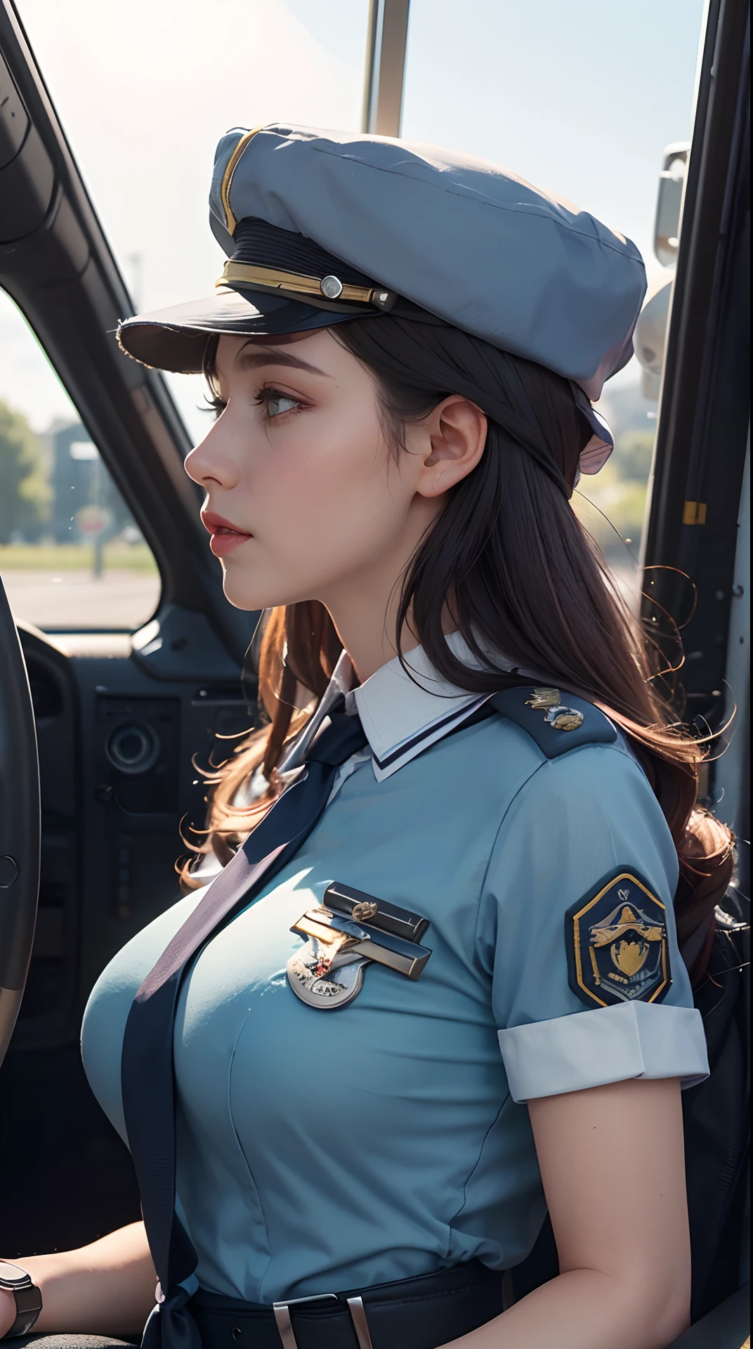 (best quality,4k,8k,highres,masterpiece:1.2), ultra-detailed, (realistic,photorealistic,photo-realistic:1.37), (beautiful detailed eyes, beautiful detailed lips, extremely detailed eyes and face), studio lighting, physically-based rendering,vivid colors, (big tits, super big tits, super extra big tits:0.8), (pilot's uniform, tie, shirt, hat, clean appearance, profile:1.5), (soft lighting:0.8),