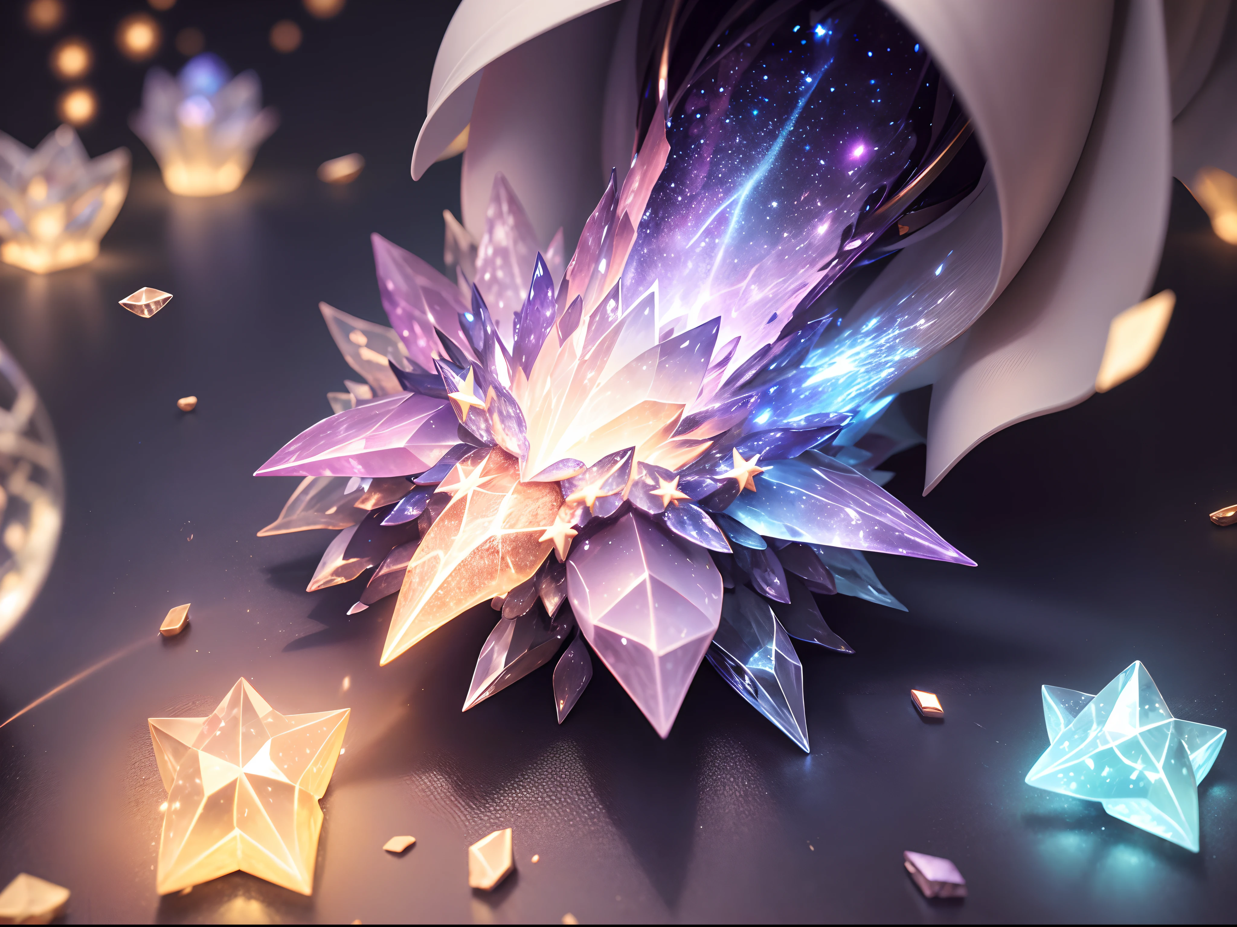 Lots of scattered crystal stars、
Fantasia、intergalactic、cleanness、
glinting、Shines、magnifica、colourfull、brightened、luminescence
Magic Pictures, dramatic  lighting, photorealisim, The ultra-detailliert, 4K, depth of fields, hight resolution
