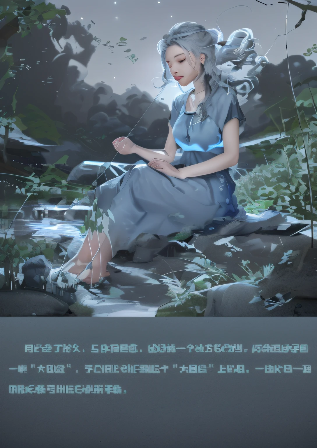 A gray hair,Blue clothes,Sit on top of the stone,The sky is dark,There is faint starlight