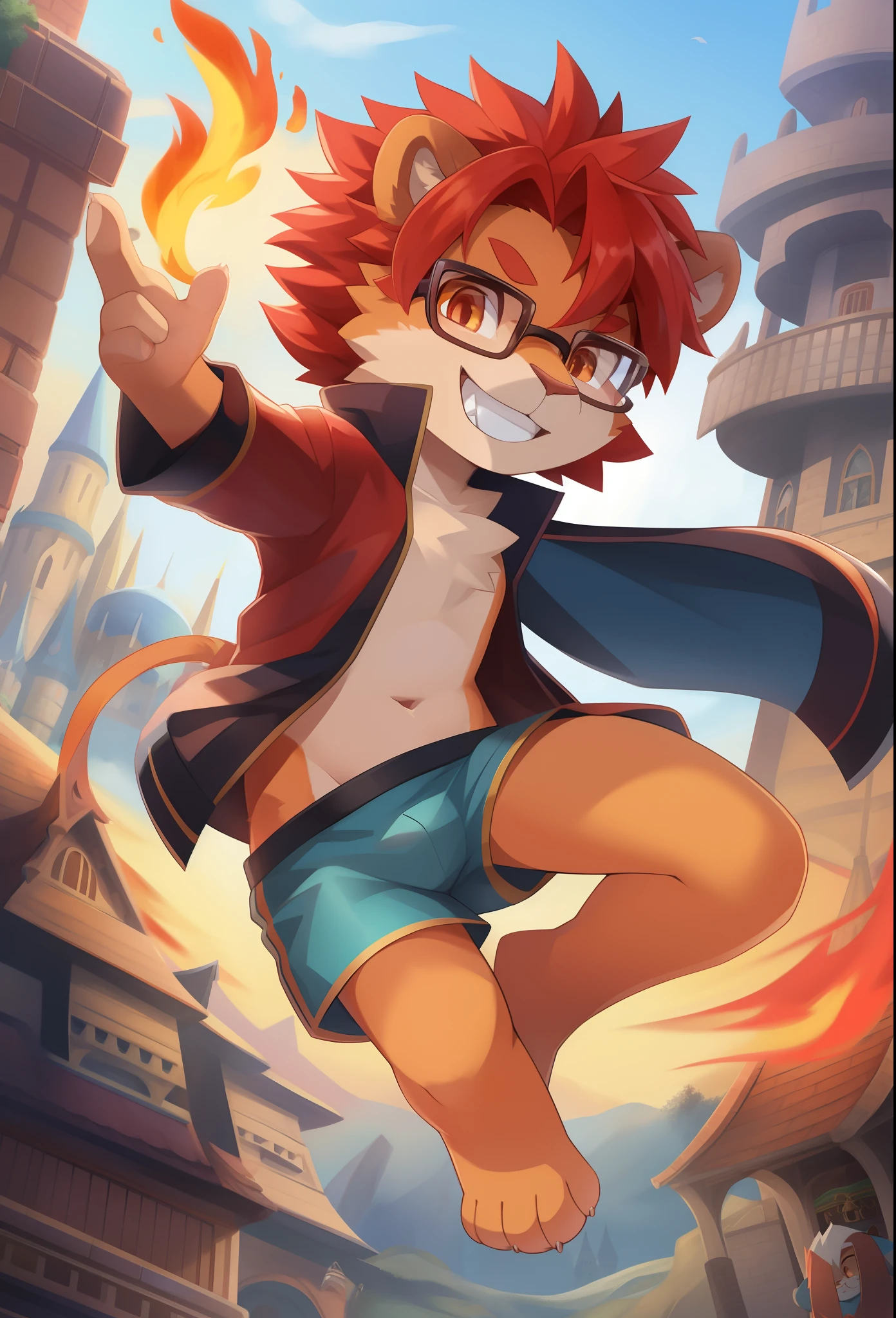 furry shota, lion, red hair, spiky hairstyle, fire hair, orange eyes, glasses, detailed body fur, red jacket, open clothes, blue swim trunks, prince crown, flat body, masterpiece, looking at you, two tone body fur, orange body fur, clear orange body fur, detailed face, big eyebrows, detailed eyes, detailed body, fantasy castle, clear sky, detailed hands, glistering body, skinny, Chibi style, run action, teeth smile, full body,