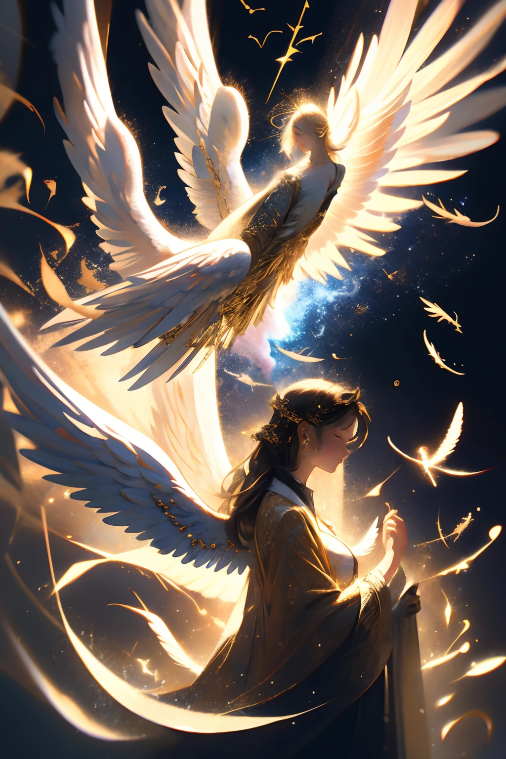 (masterpiece), (best quality:1.4), absurdres, [:intricate details:0.2], angel, angel wings, milky way, sky, shimmering aura, intense focus, crackling energy, mysterious symbols, sparkling motes,