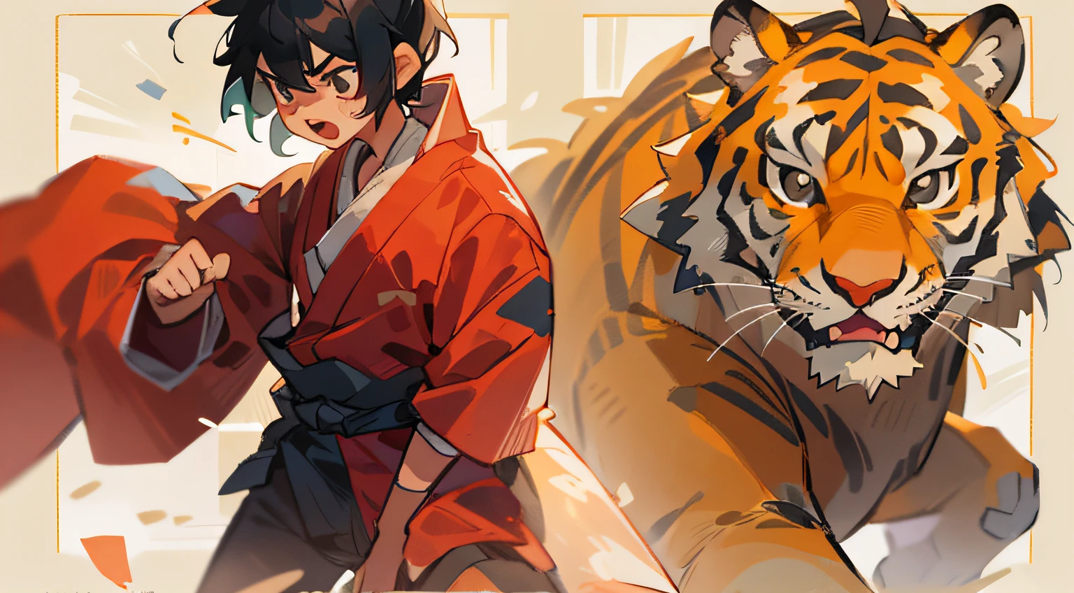 A boy named Mo Yili,Black hair and black eyes, Q version, There is a background, rays of sunshine, red attire,Stand on the left,Look at the ferocious tiger,Strike a fighting stance,The tiger is on the right,Sense of story
