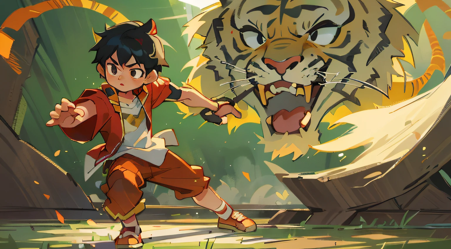 A boy named Mo Yili,Black hair and black eyes, Q version, There is a background, rays of sunshine, red attire,Stand on the left,Look at the ferocious tiger,Strike a fighting stance,Tiger on the right has a sense of story