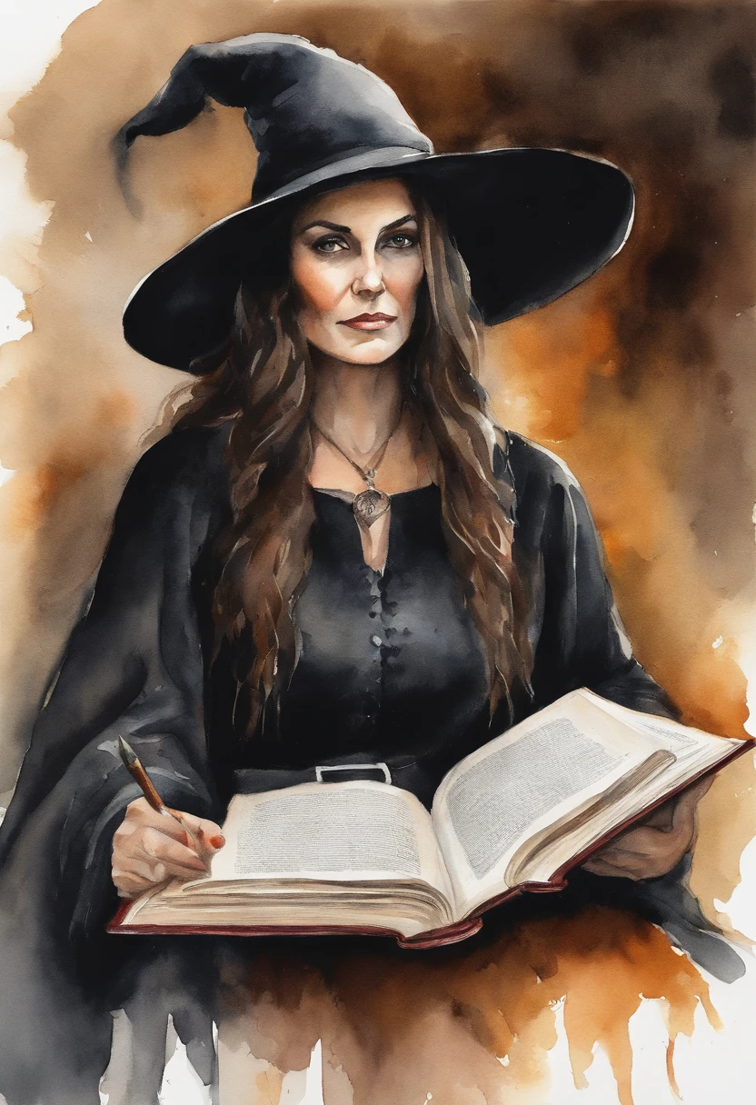 a 33 years old female witch, black clothe, reading a book of witchcraft, dark brown hair,