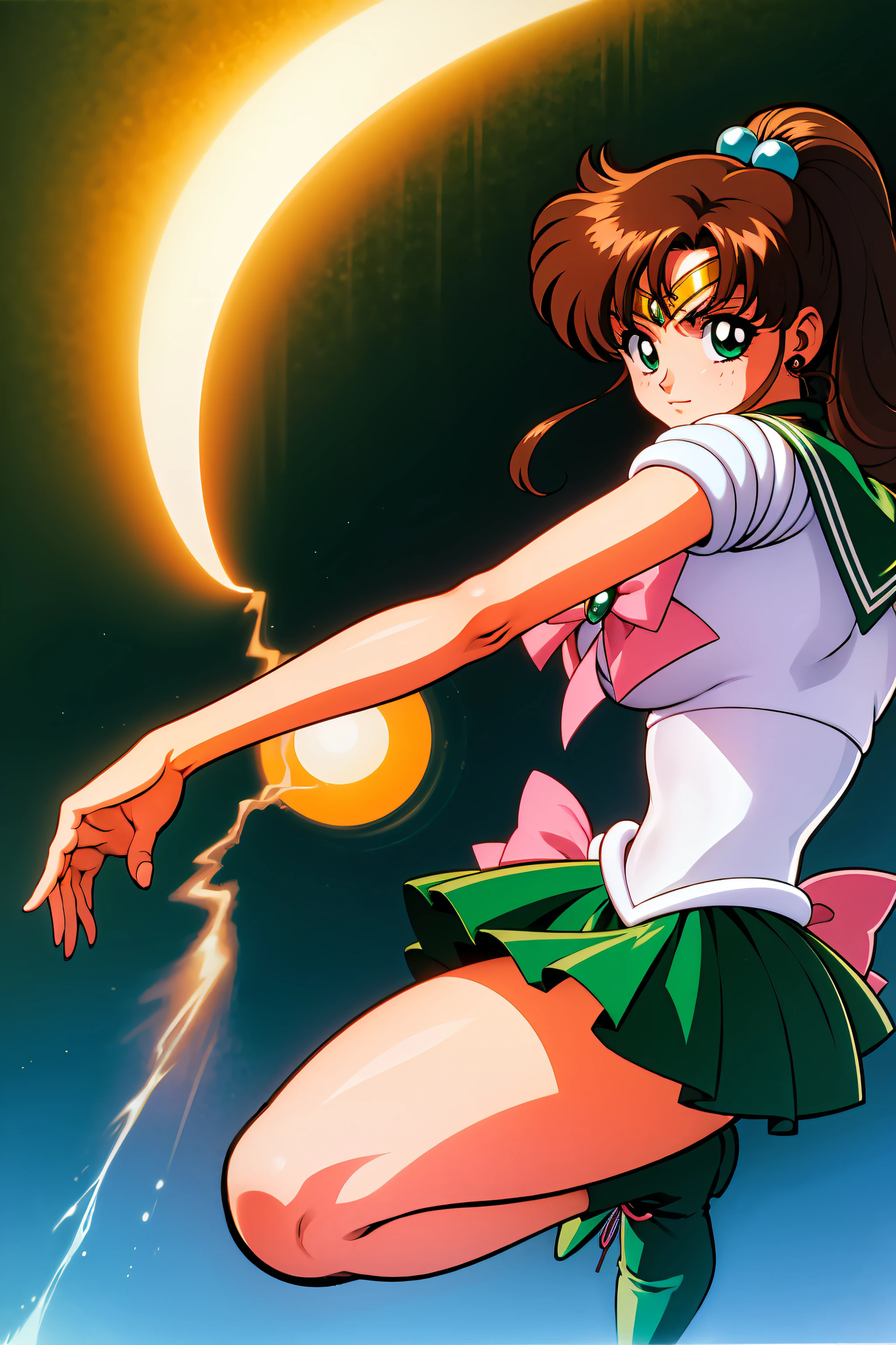 (top-quality:1.3), (masterpiece:1.4),(Anatomically correct), (Full limbs),(complete fingers),(Precise fingertips), (Fine details),(8K),Photorealista,Sailor Moon!!!!!!!!, Sailor Moon Style,by Sailor Moon, Sailor Senshi Uniform,(the sailor jupiter:1.37),aqua eyes,brown haired,poneyTail,Green Choker,Green boots,whitegloves,(Pink ribbon:1.2),(Super Detail),(90s Anime,9 0 s anime,9 0 s anime style,anime cels,cel shaded anime),
(Dynamic Boxing Pose:1.25),Beautiful face, Intense lighting,raw, Color Theme Red, Dramatic light, magician, spell magic, Magic Circle, ((magic in hand)),(using light magic:1.14),lightning magic, imaginative overlays, artistic fusion,fantastical scenes, evocative narratives, striking visuals,