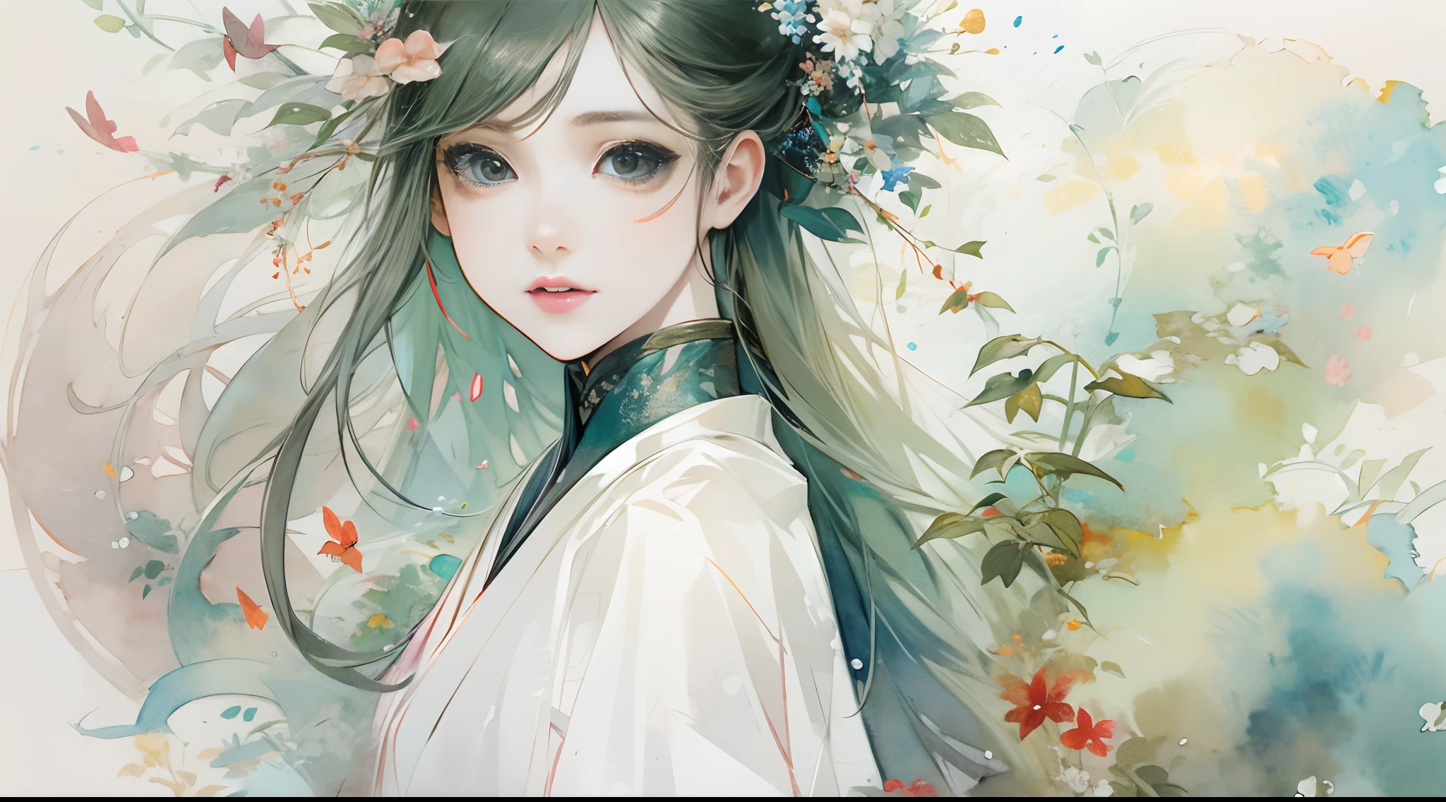 watercolor paiting、Beautiful teenage girl、japanes、White Dress、Fantastical、Black eyes、high-level image quality、elegent