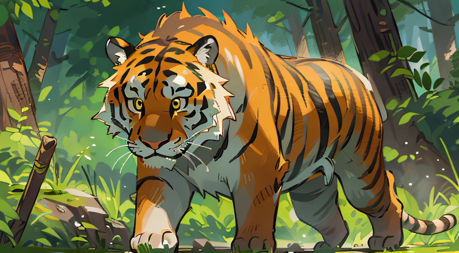 The weather is sunny,The tiger walked towards the forest,Lonely back,facing away,Story
