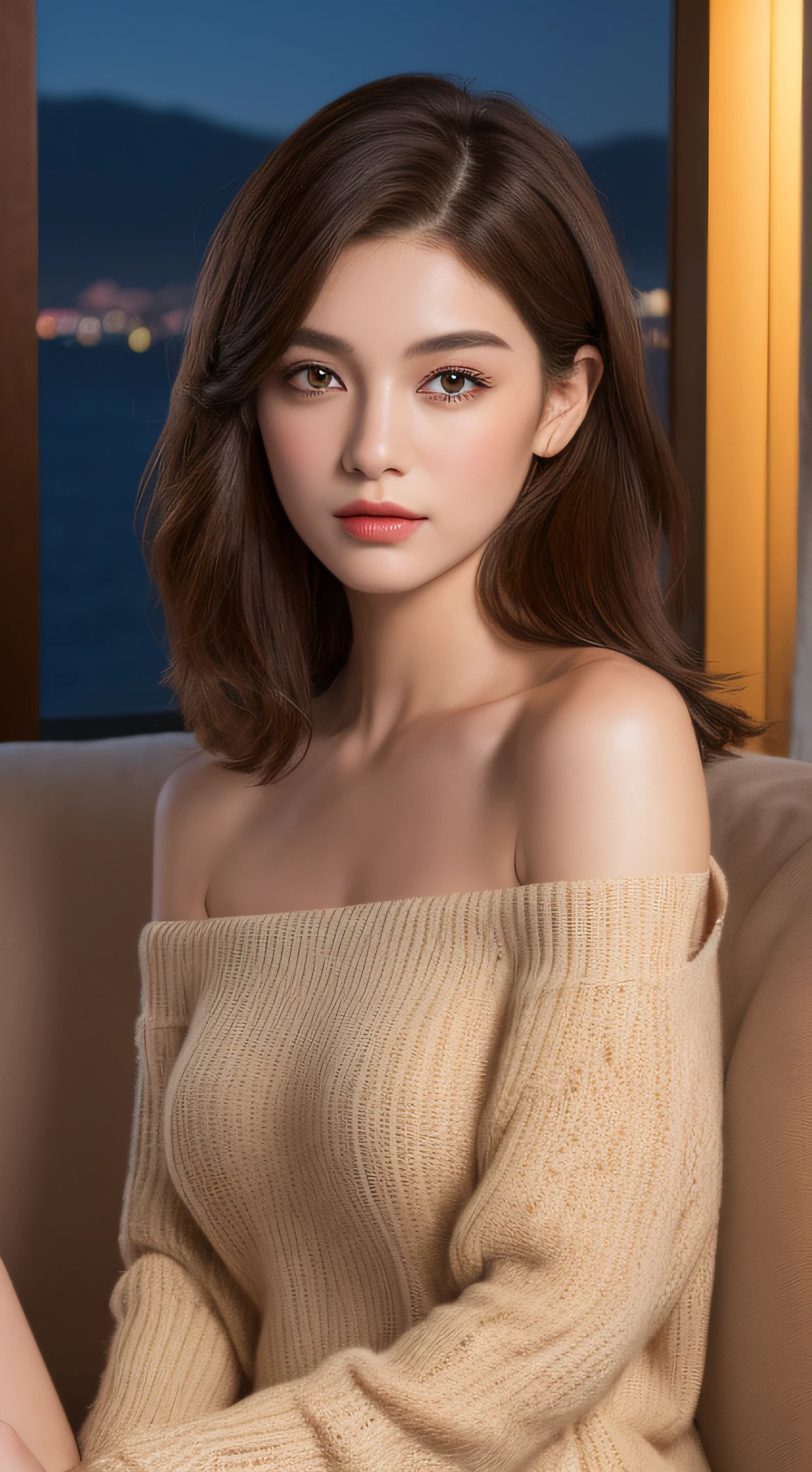 ((Night view, realistic light, best quality, 8k, masterpiece: 1.3)), 1girl, pretty woman with slim figure: 1.4, (brown hair, medium breasts: 1.3), off-the-shoulder cut top: 1.3, sofa, super detailed face, detailed eyes, double eyelids