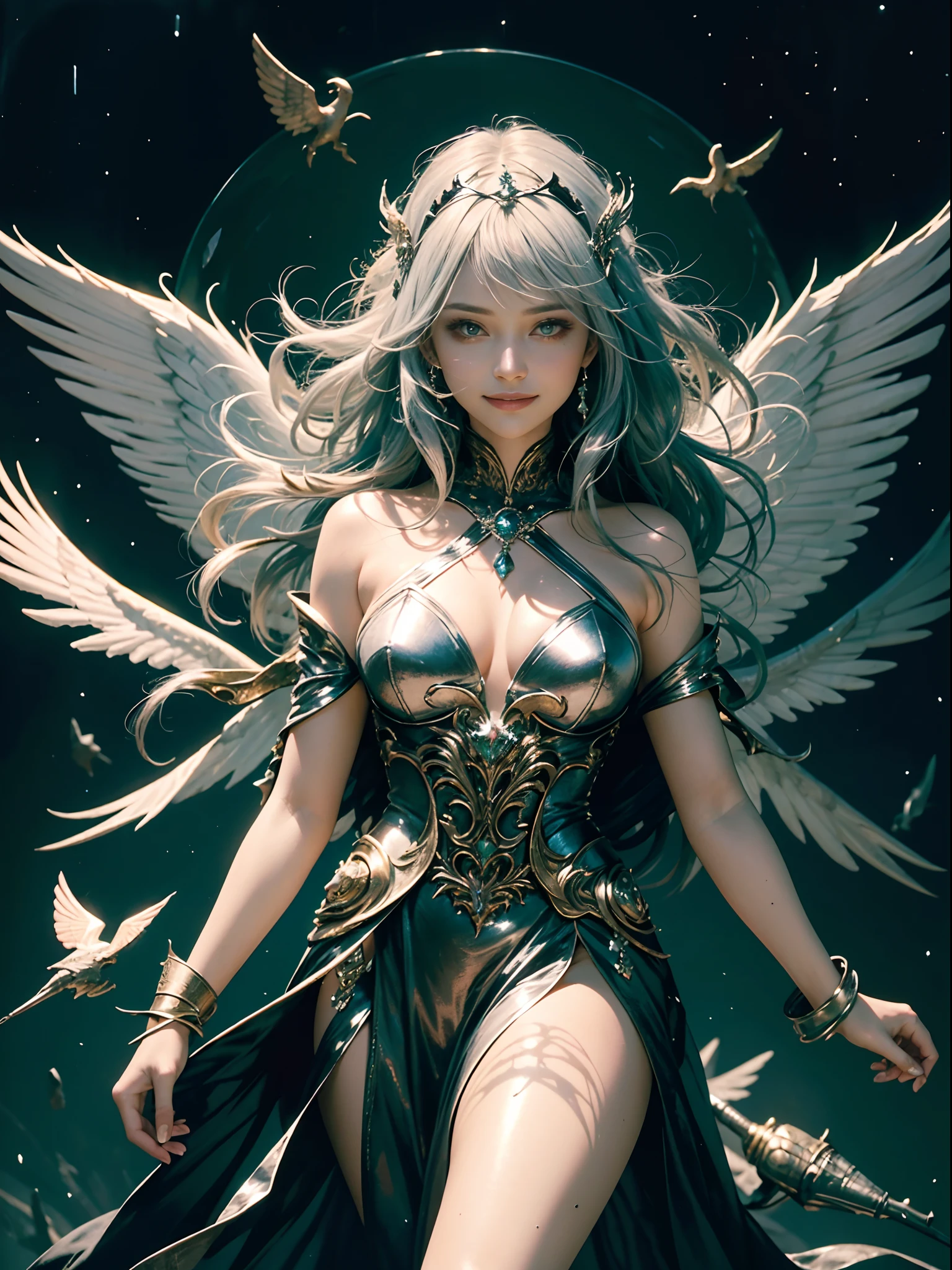 Top quality, masterpiece, ultra high resolution, (photorealistic: 1.4), transcendent beauty, witch, whole body, from above, wings fluttering, legs raised, correct limbs, arms bent and casting, transcendent beauty, magic circle, aristocratic costume, crystal big magic wand, super long hair, demon king's castle, raw photo, 1 girl, silver hair, formal up, shiny skin, dramatic lighting, (smile:1.2)