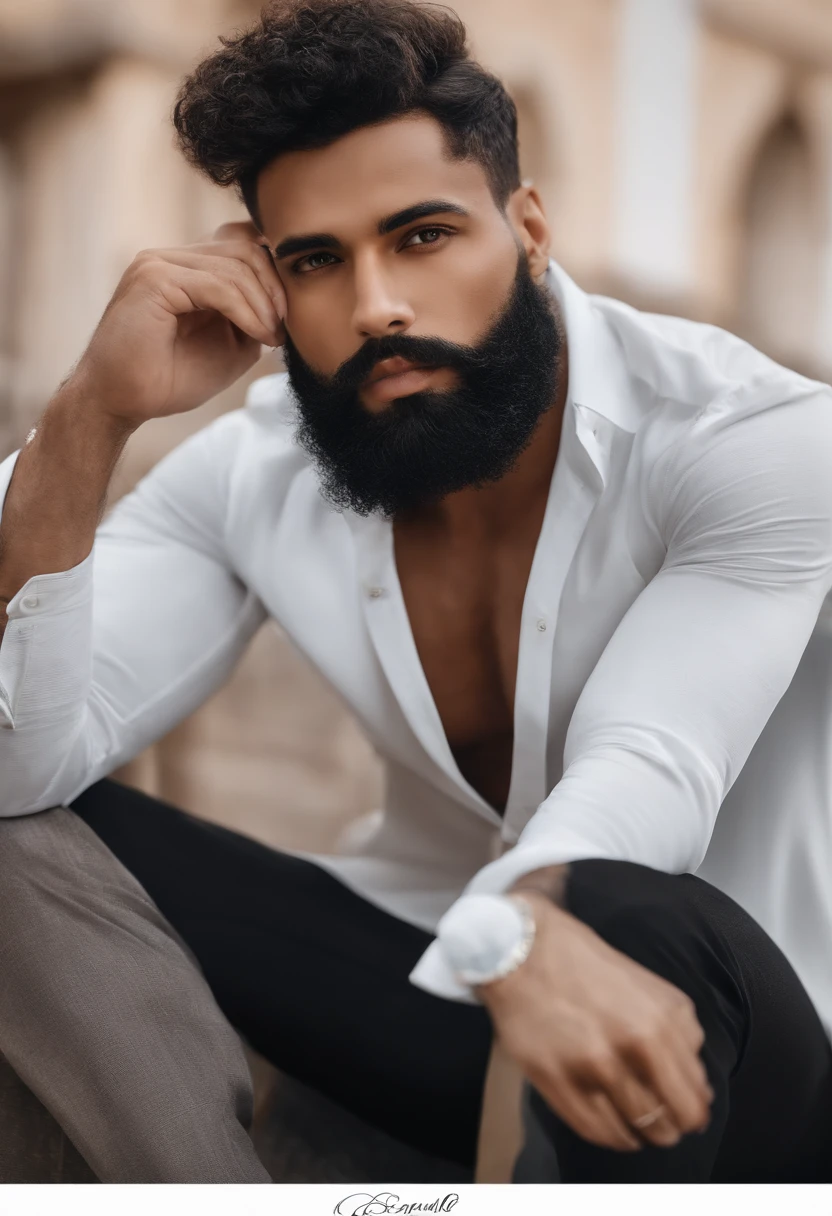 (Homem negro em roupas de bruxo), (with a medium, full beard,) (olhos azuis) (retrato) Beautiful and serious appearance, Cabelo branco, elegante e elegante, e corpo forte sem camisa, (Imagem realista e de alta qualidade), ((best quality, 8k, piece of master).