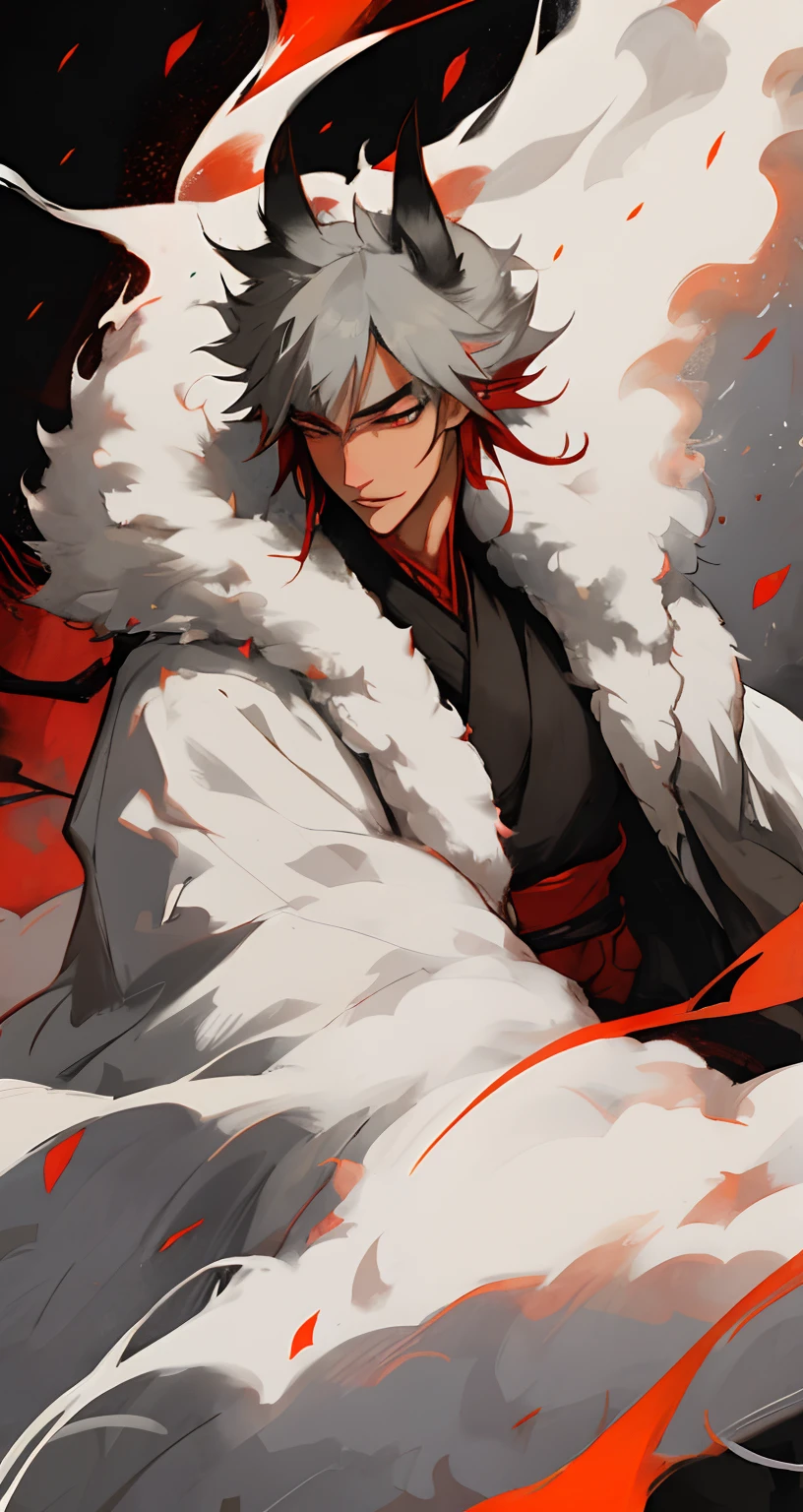 male, Kitsune,Gray-whiteshort hair,Big fox ears,Fluffy tail,Cold and sharp eyes,Long eyelashes,Slim yet strong body, Red traditional japanese eye makeup,Smoke following him, black with red details kimono,bishounen, beautiful man, serious