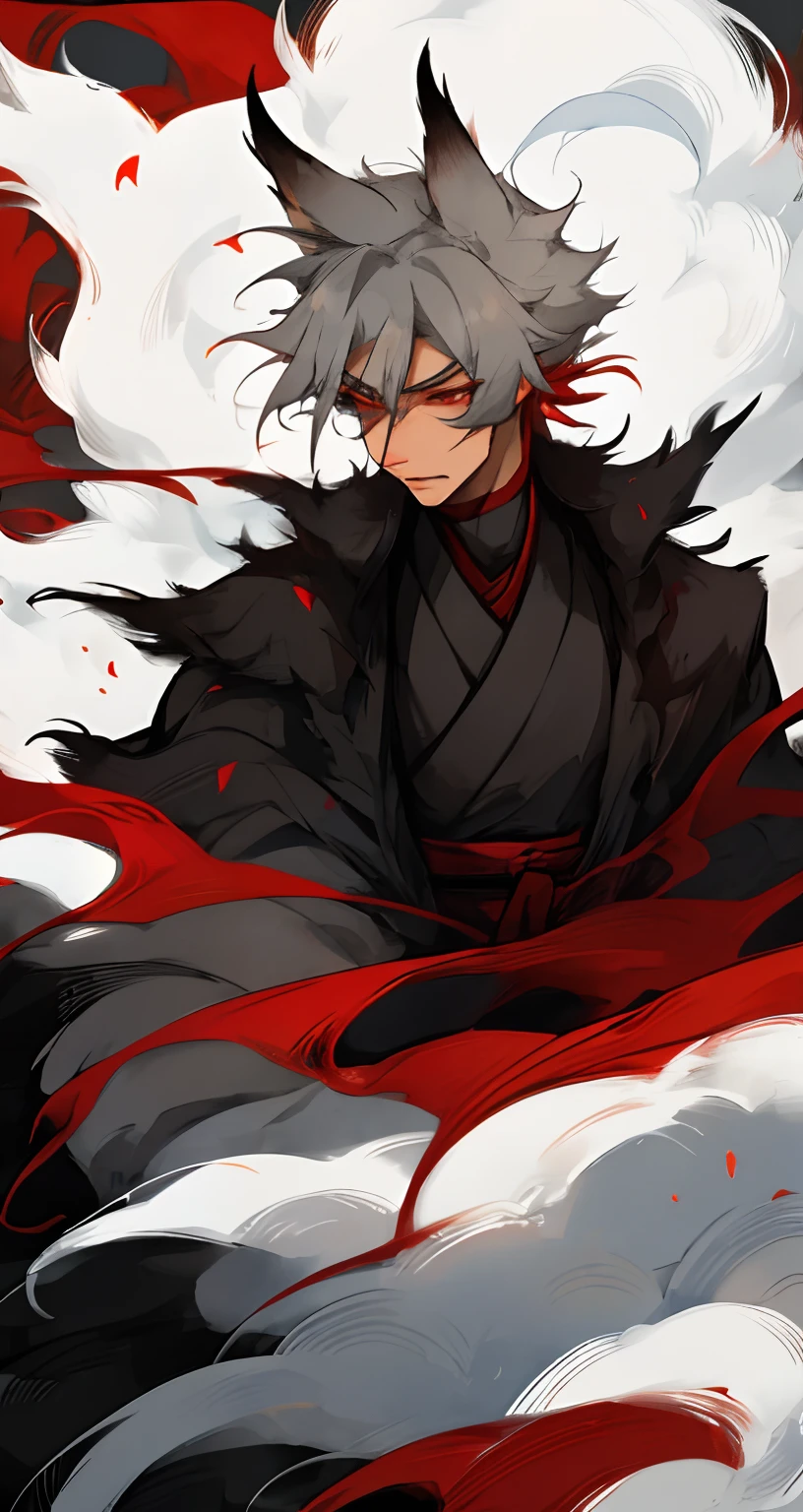 male, Kitsune,Gray-whiteshort hair,Big fox ears,Fluffy tail,Cold and sharp eyes,Long eyelashes,Slim yet strong body, Red traditional japanese eye makeup,Smoke following him, black with red details kimono,bishounen, beautiful man, serious