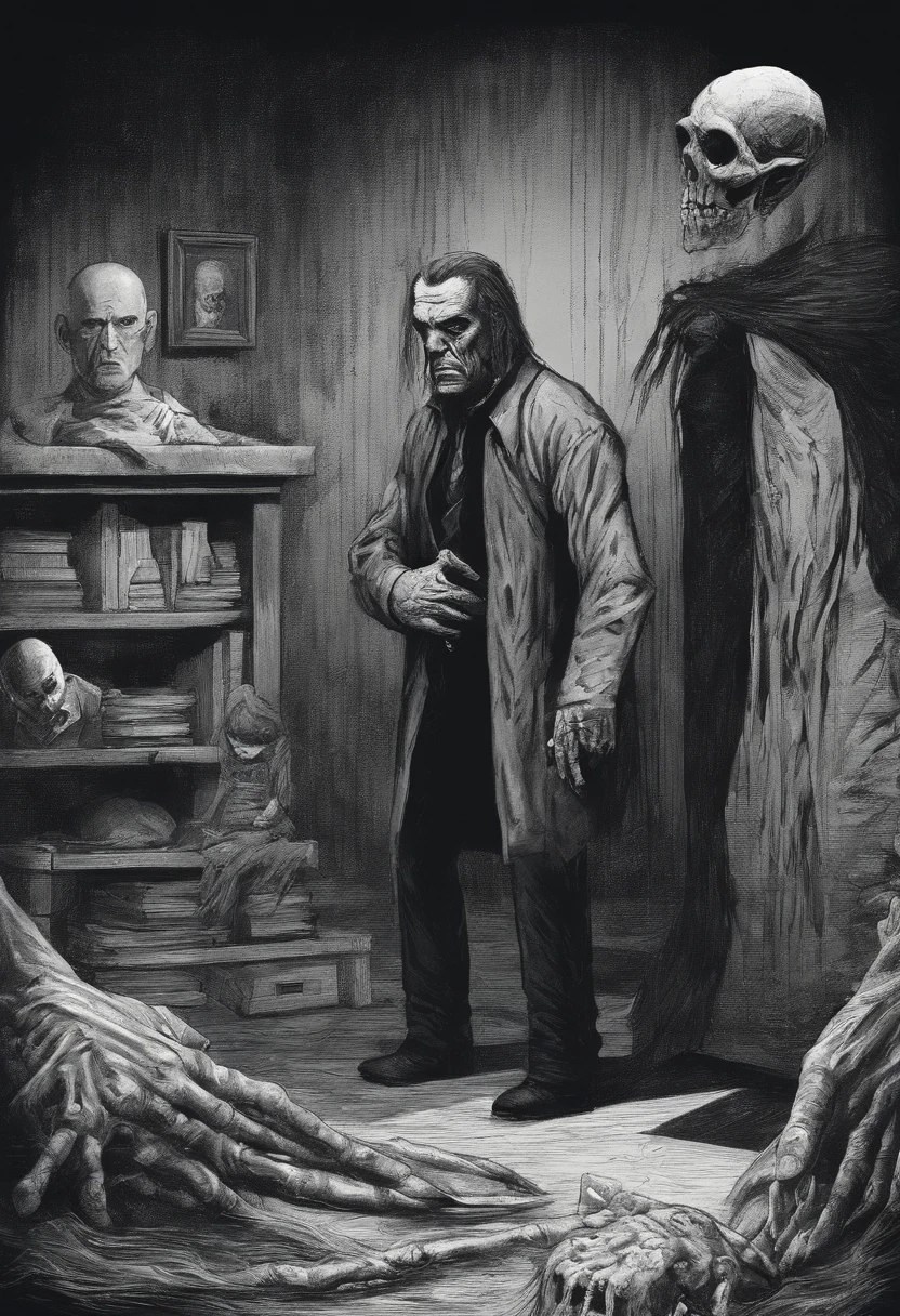 Create a lineart illustration Setting: Show Marine in a dark, foreboding setting, perhaps with shadows and dim lighting. She may be trying to process the harsh truth while Notwen's face stands out in the shadows, emphasizing the tension and fear.