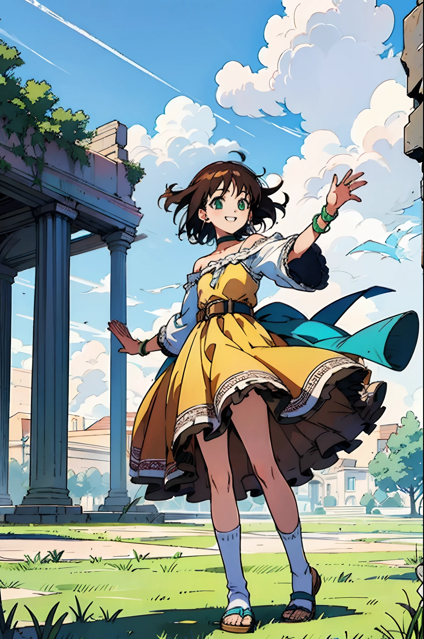 Sasanami Shoko, Valvrabe, 1girl in, Brown hair, Green eyes, Fantasy World, Ruins, Bang, Beautiful sky, shining sky, Sunshine, Smiling, Waving, Ruffled Socks, Sandals, a belt, wristbands, ribbon choker, Dresses that blow the wind, Lace dress, Off-shoulder sleeve, Two hands, Perfect fingers, Five Fingers, zori