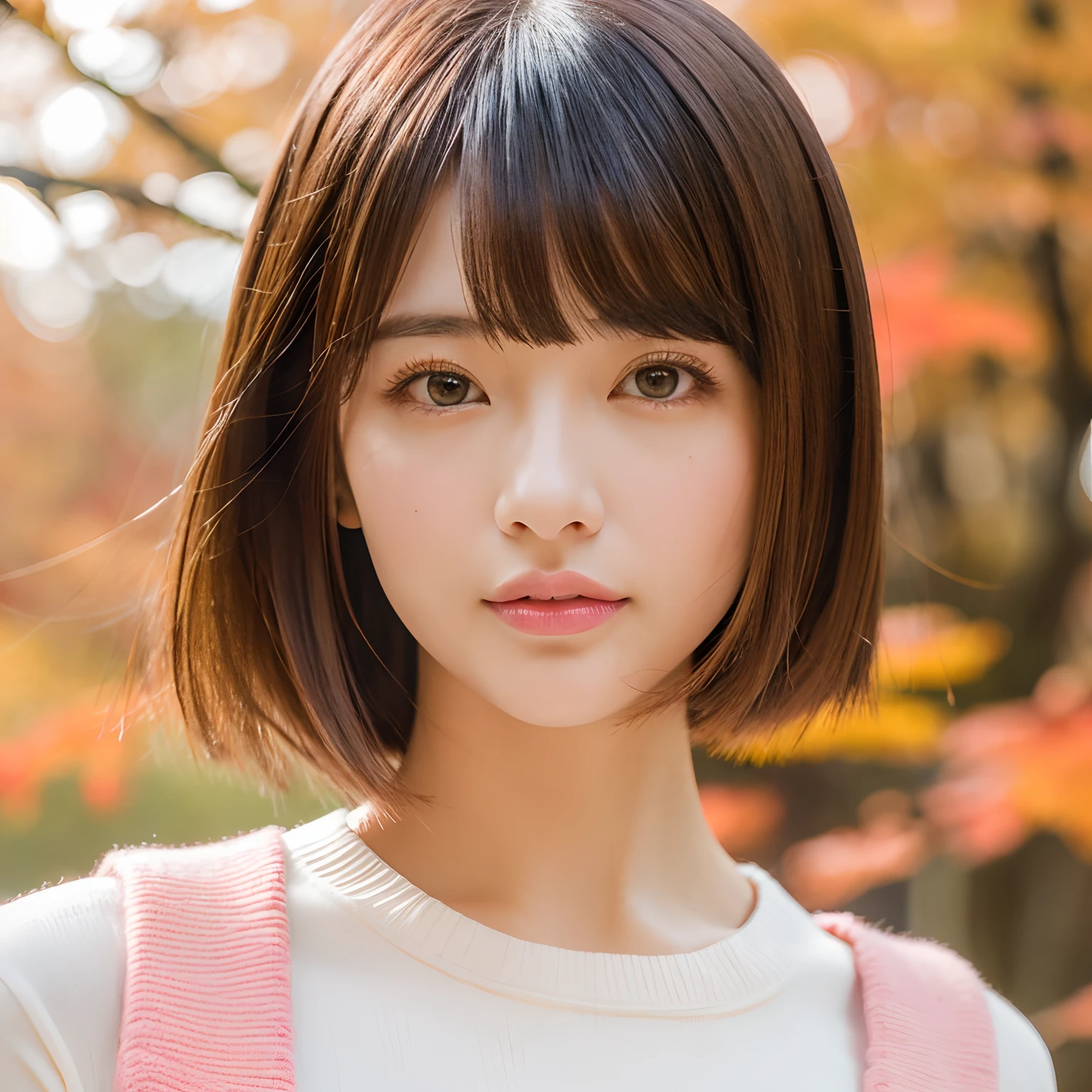Best quality, ultra detailed, beautiful lady, cute lady, Japanese lady, one-piece mini, autumn colors, clear skin, bob cut short hair , pink lips