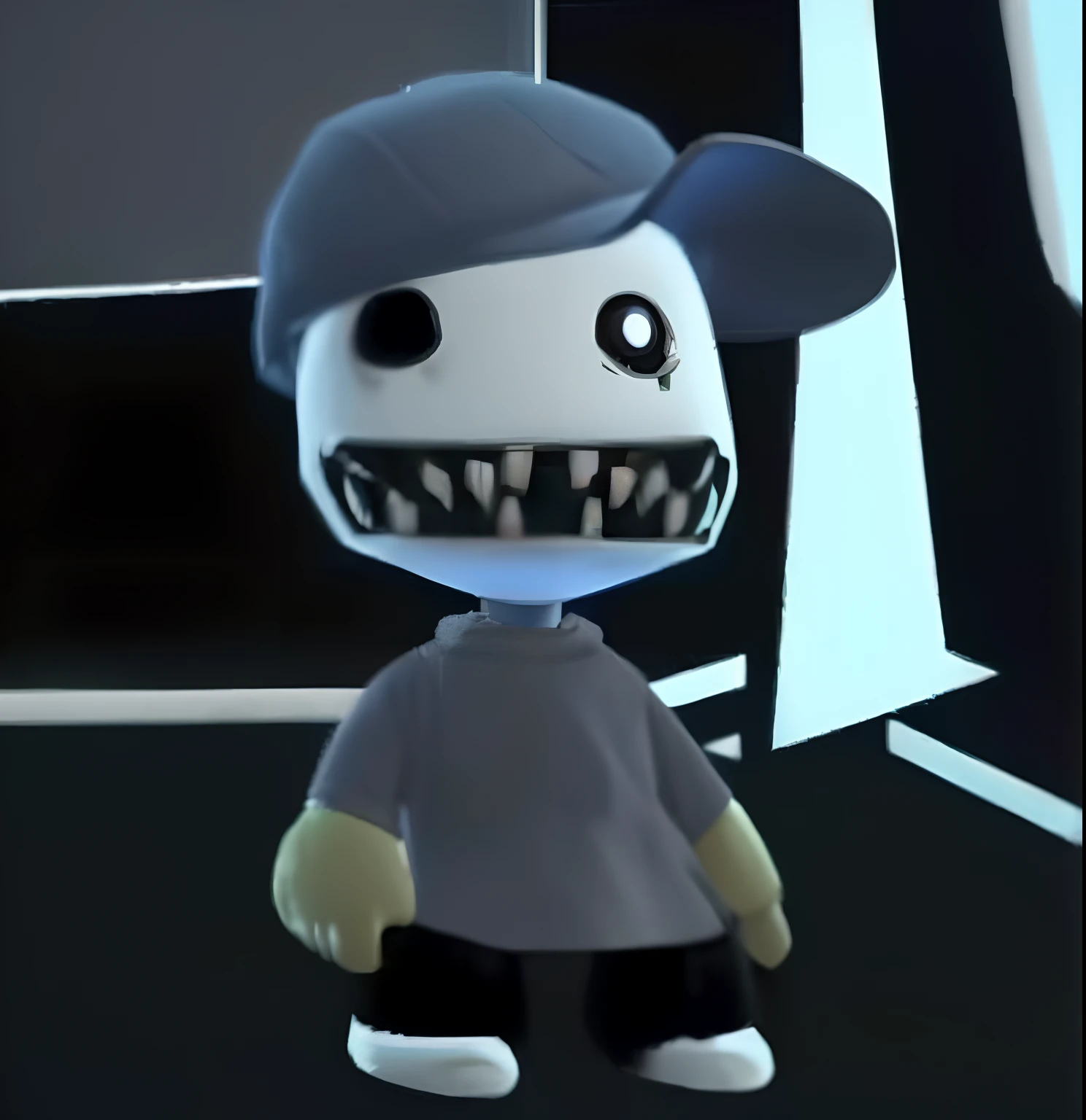 A close-up of a cartoon character with a baseball cap, Video game avatar, Video game character, Sourire troublant, Sourire effrayant, Humanoid with crooked teeth, enfant effrayant, peau blanche effrayante, Smiling pose evil standing, Video game character, Petscop, Best Jumpscare Scene, Scary Pasta, Sourire de slasher, horrible :4, Safebooru, jumpscare