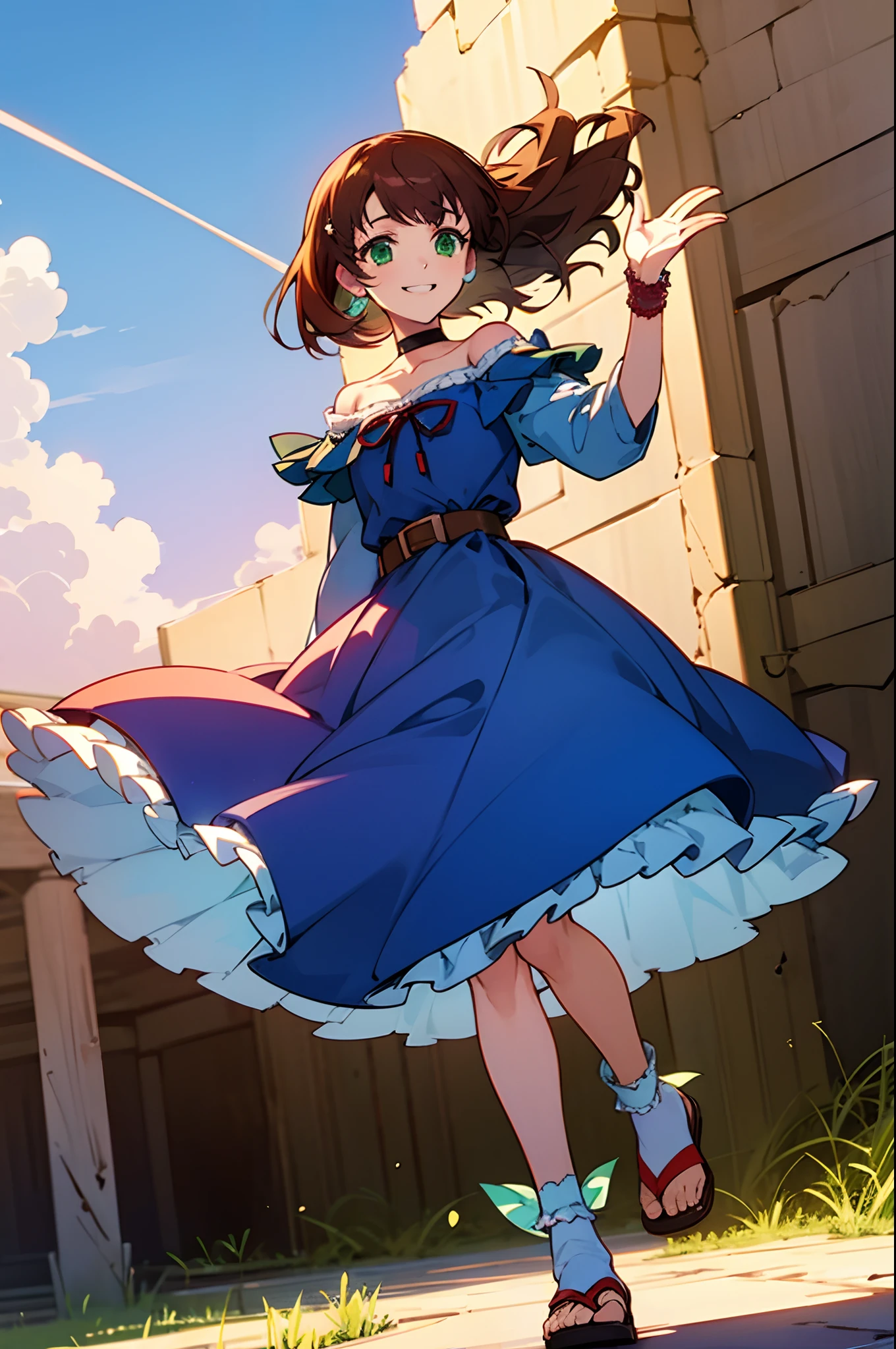 shoko sashinami, valvrave, 1girl, brown hair, green eyes, fantasy world, ruins, fort, beautiful sky, shining sky, sunshine, smiling, waving, frilly socks, sandals, belts, wristband, ribbon choker, wind blowing dress, lace dress, off-shoulder sleeves, two hands, perfect fingers, five fingers