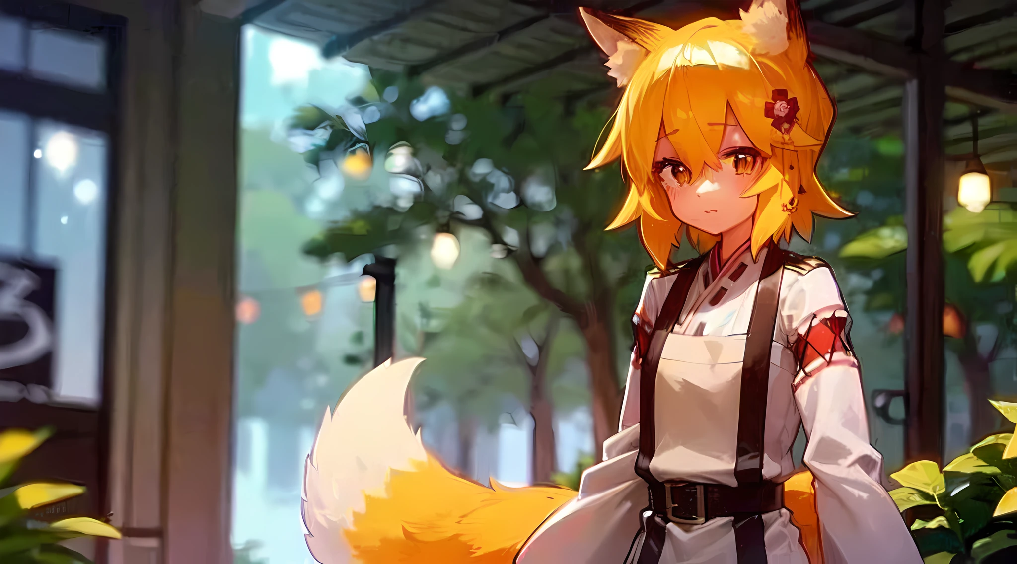 Ultra-detailed, (detailed light:1.05), Detailed background, Detailed Face, A detailed eye, sen, animal ears, Fox ears, Fox Girl, Foxtail, Hair Flower, hair ornament, Orange Eyes, orange hair, Short hair, tail, flat chest, 1 girl in a magical, whimsical mushroom forest with giant colorful mushrooms, sparkling lights, and a cute charming atmosphere. ((Military Uniforms for Girls))