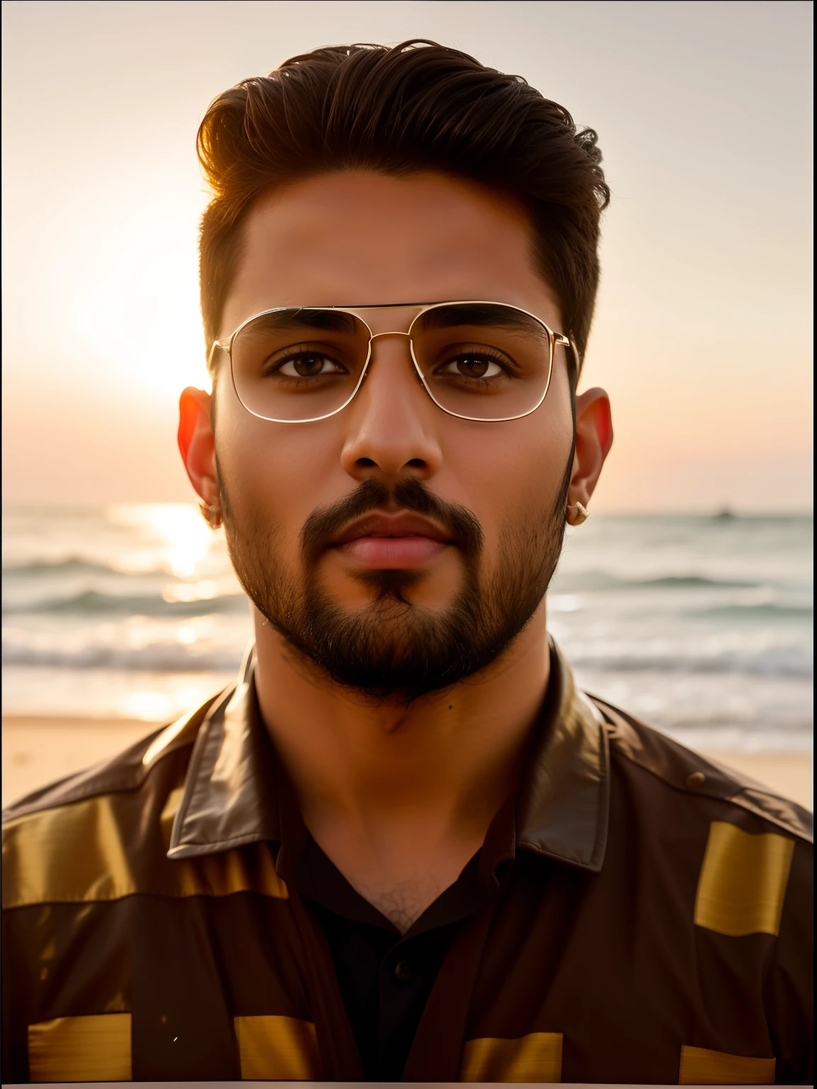 Cinematic soft lighting illuminates a stunningly detailed and ultra-realistic handsome indian male supermodel, highly detailed face, facial-symmetry, beach look, short messy windy brown hair, clear honey eyes, captivating perfect smile, sensual, hot man, insanely handsome, that is trending on ArtStation. Octane is the perfect tool to capture the softest details of this 16k photography masterpiece.