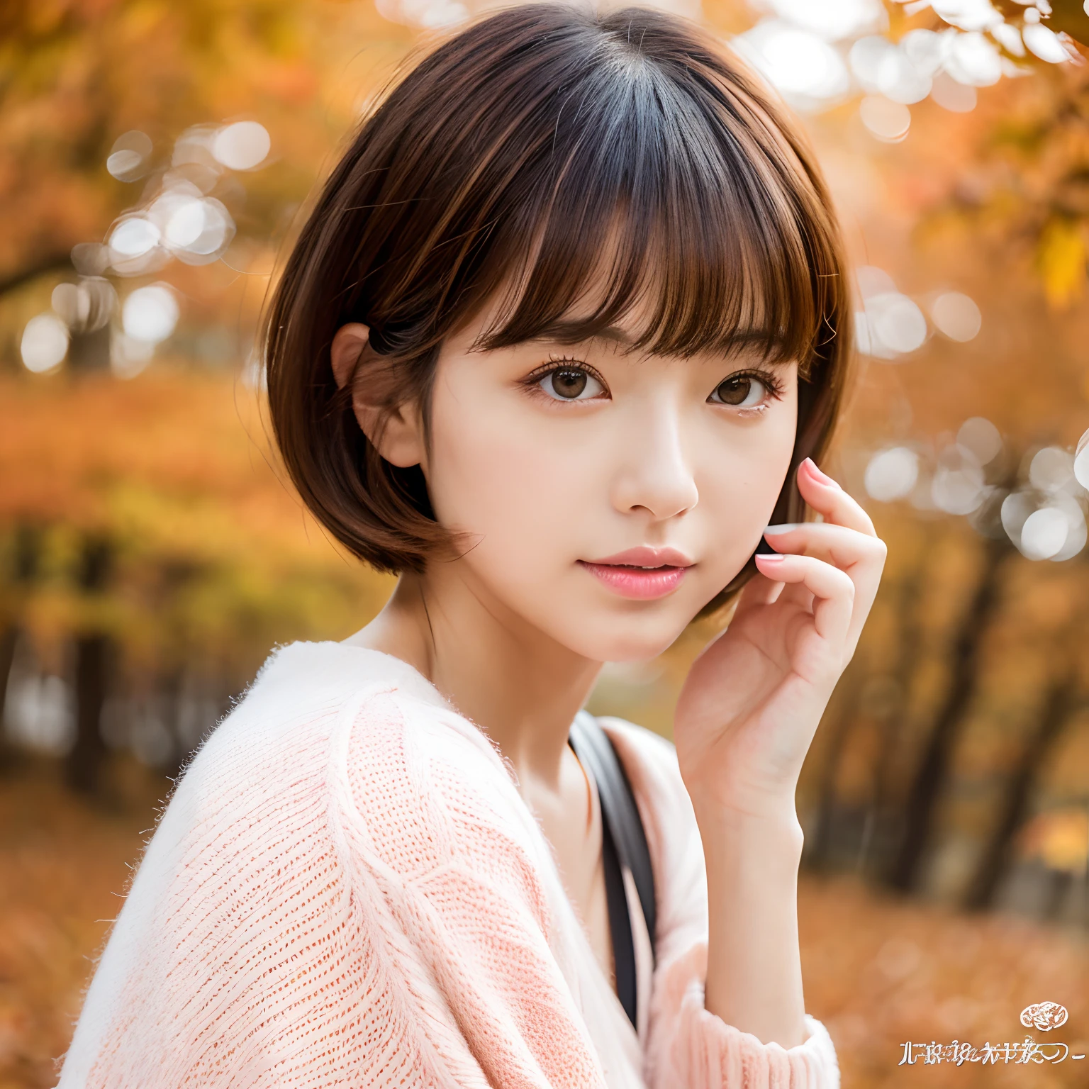 Best quality, ultra detailed, beautiful lady, cute lady, Japanese lady, one-piece mini, autumn colors, clear skin, bob cut short hair , pink lips