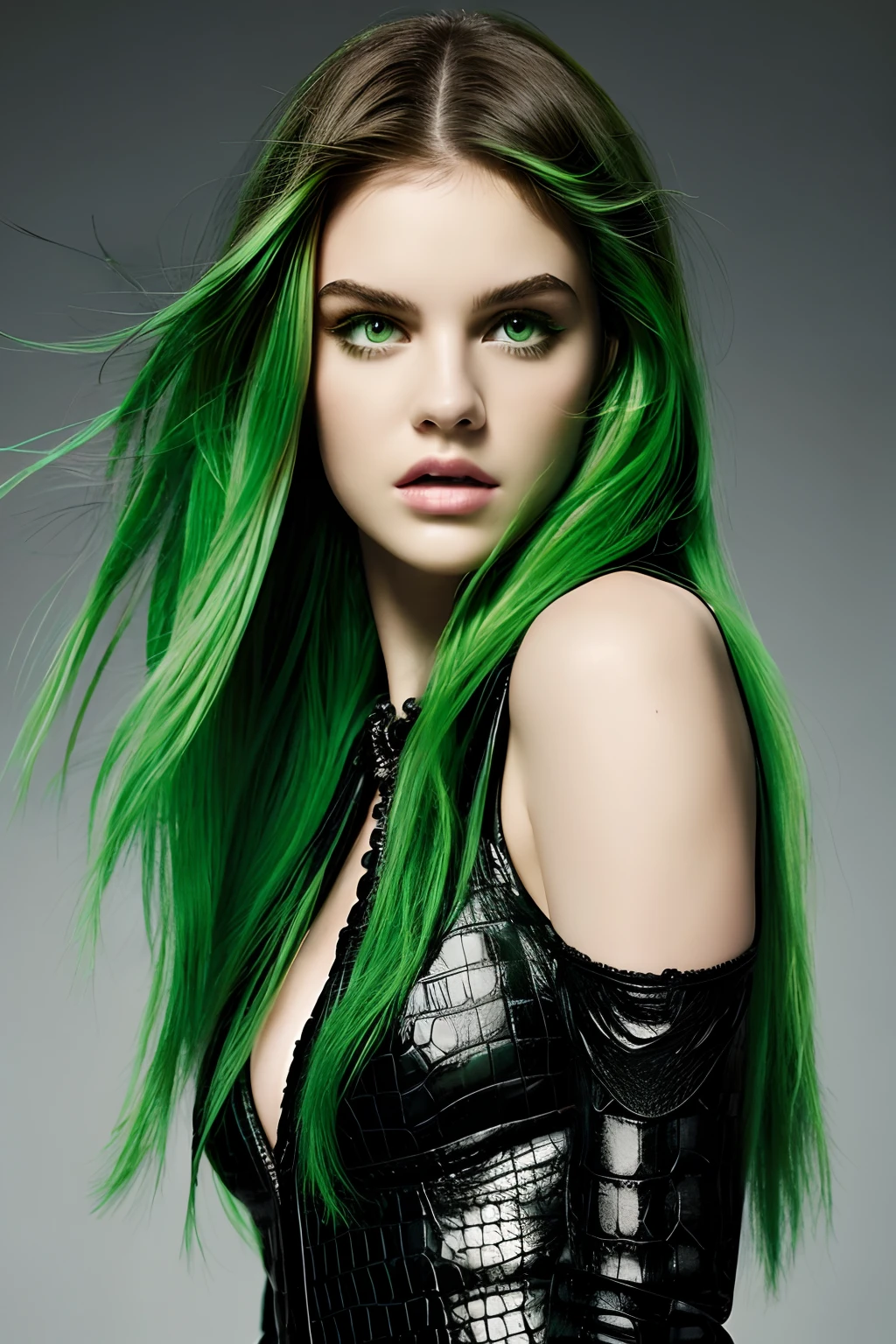 Green hair,Green dull hair,Green eyes,Long hair,Indifferent expression