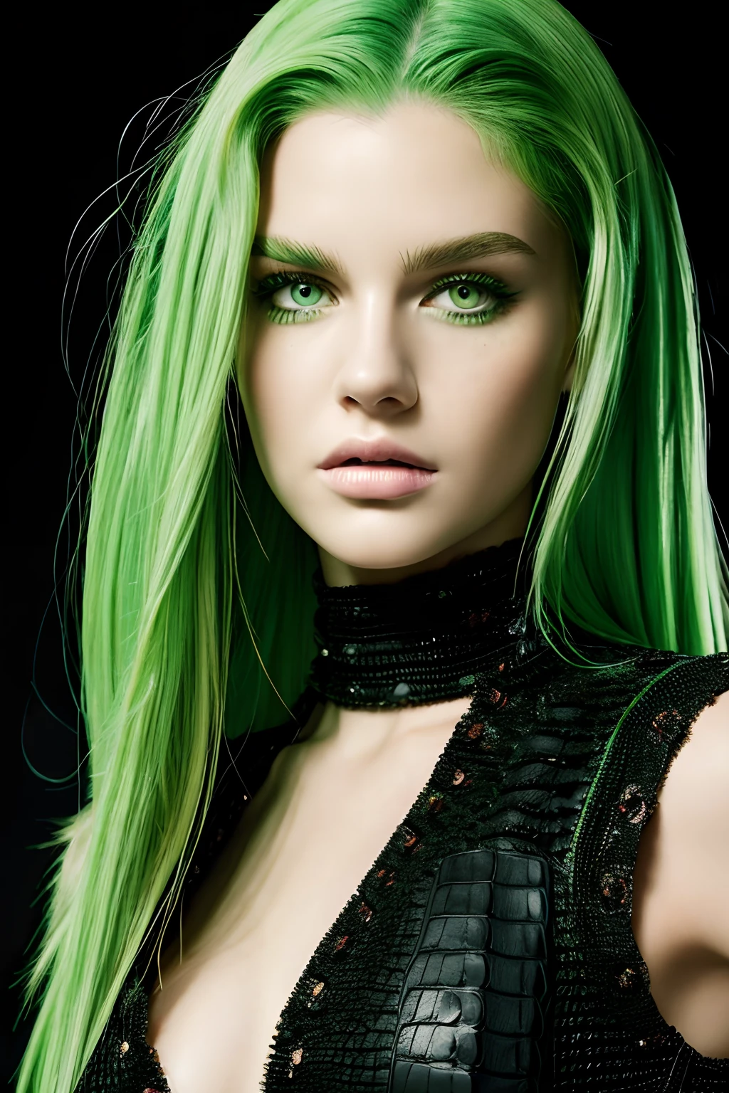 Face Barbara Palvin、Longhaire、He has green hair and green eyes、The body is covered with crocodile scales、Black background。