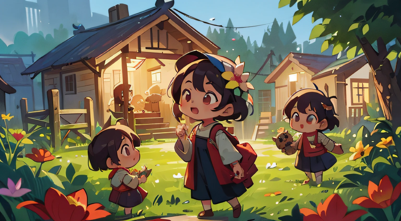 At night,Village scene,Five children with flowers in their hands,Rejoice,Story,Cinema lenses