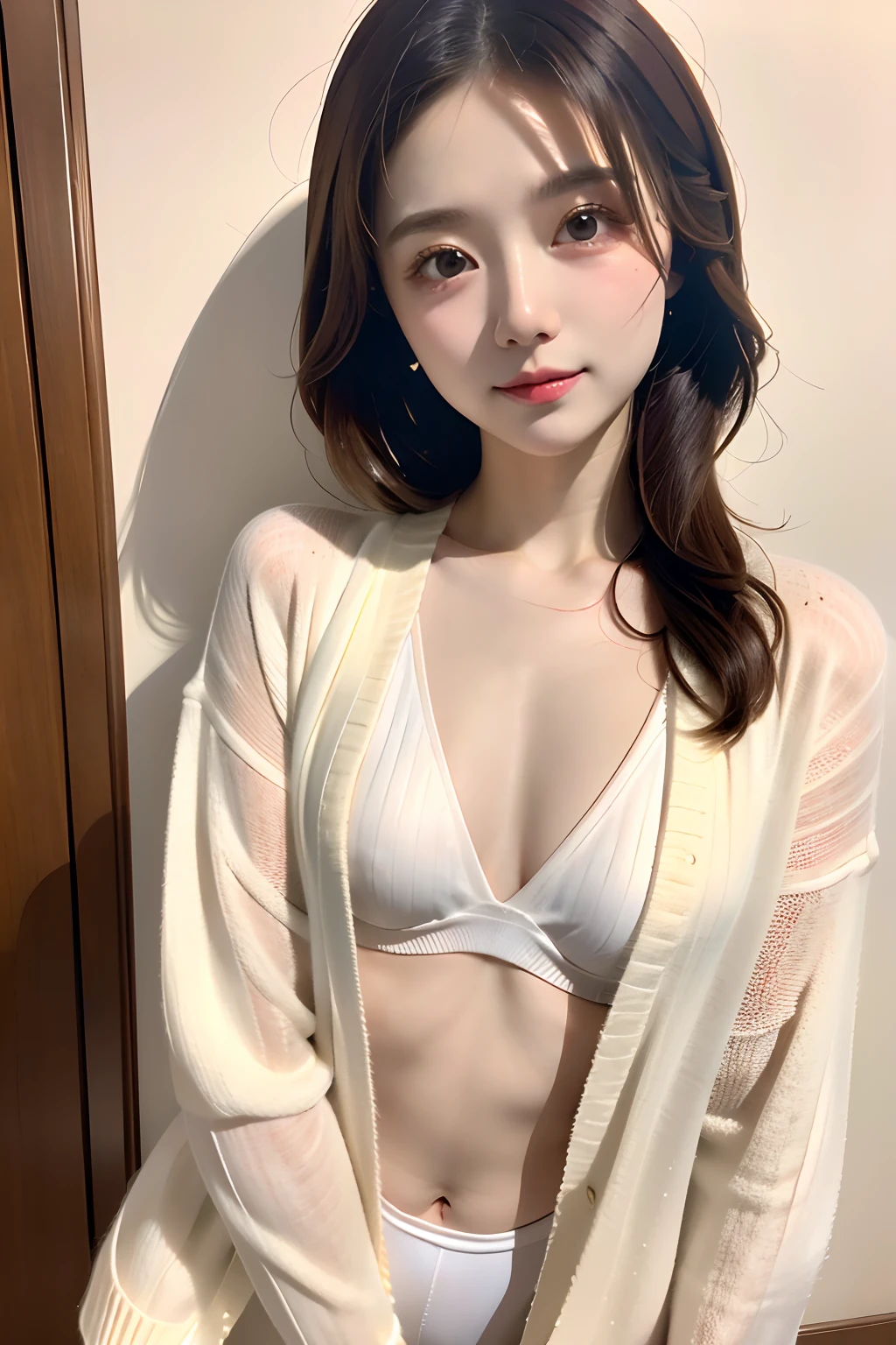 masutepiece, Best Quality, Realistic, Real, credibly_absurderes, Colorful, Stars, Intense shading, girl, Long hair, Brown hair, Wavy Hair, view the viewer, Laughing, eye bags, Purple eyeshadow, Small breasts, Shirt, Ribbed sweater, Black Sports Bra , Minis...