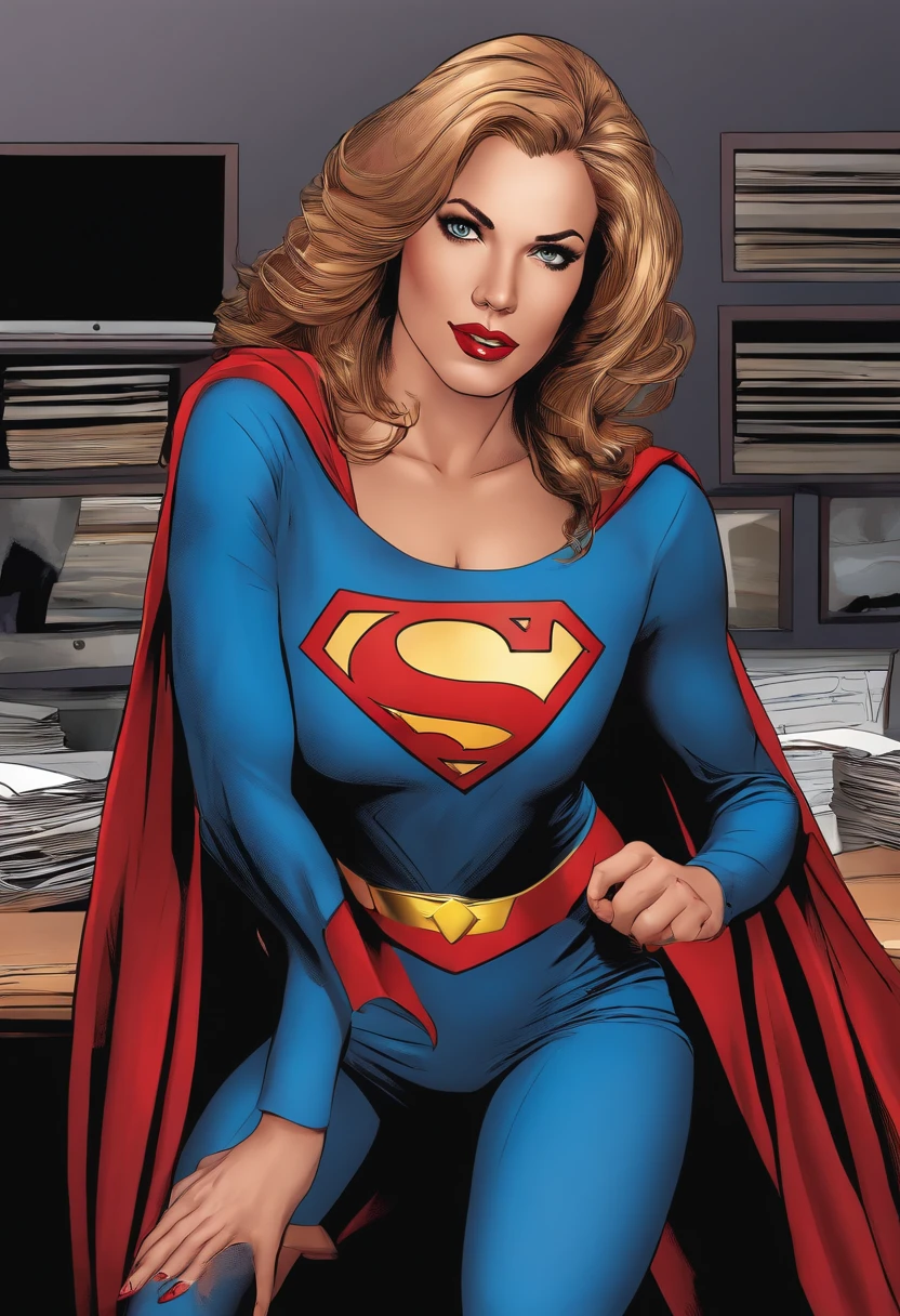 man, clark kent, woman, lois lane, office, detailed, masterpiece, absurdres, best quality, cowboy shot, Clay Mann <lora:clayMannLoRA-000020:0.75>
