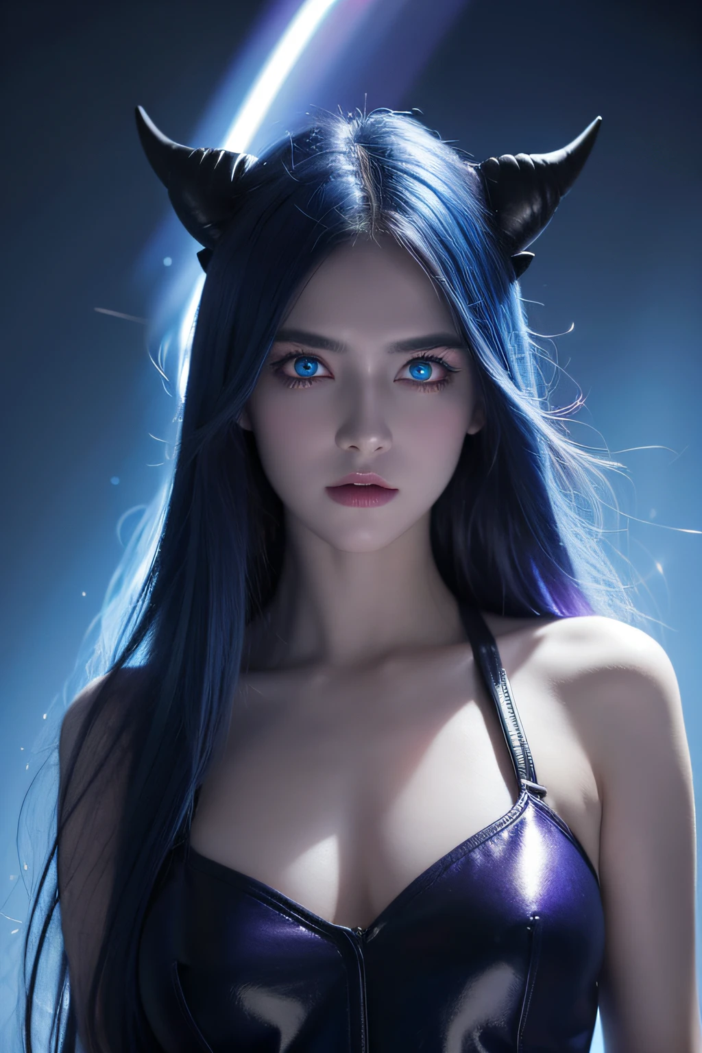 realistic, 1girl, blue hair, horns, multicolored eyes, glowing, blue eye, purple eye, bare shoulders, demon eyes, magic circle, light particles, light rays, wallpaper