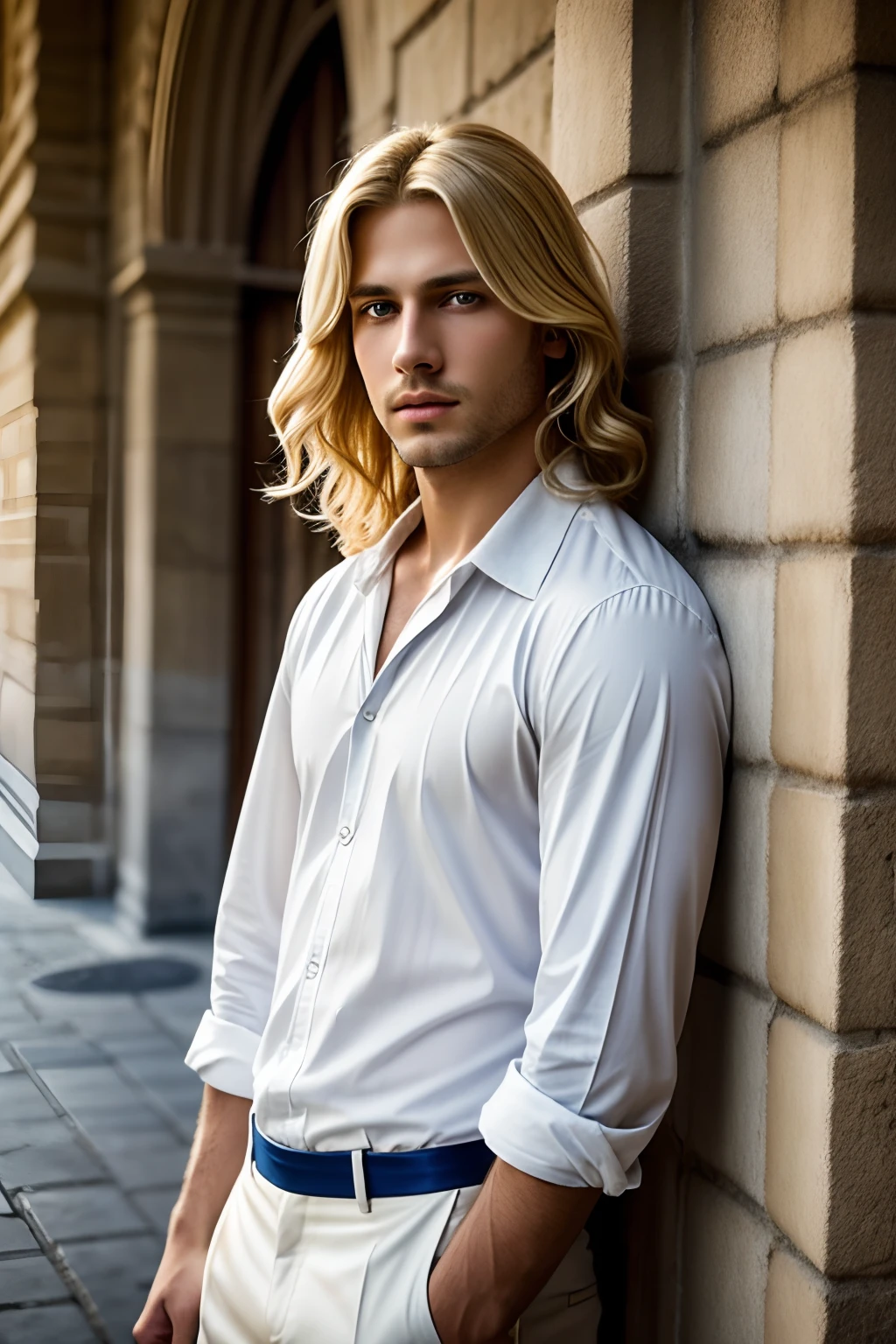 Beaucoup, devant, portrait, Boy with medium-length blond hair, dehors, backlight, Soft Light, Medieval, france, Drapeau rouge, levant les yeux, rouge, bleu, blanc, pantalon