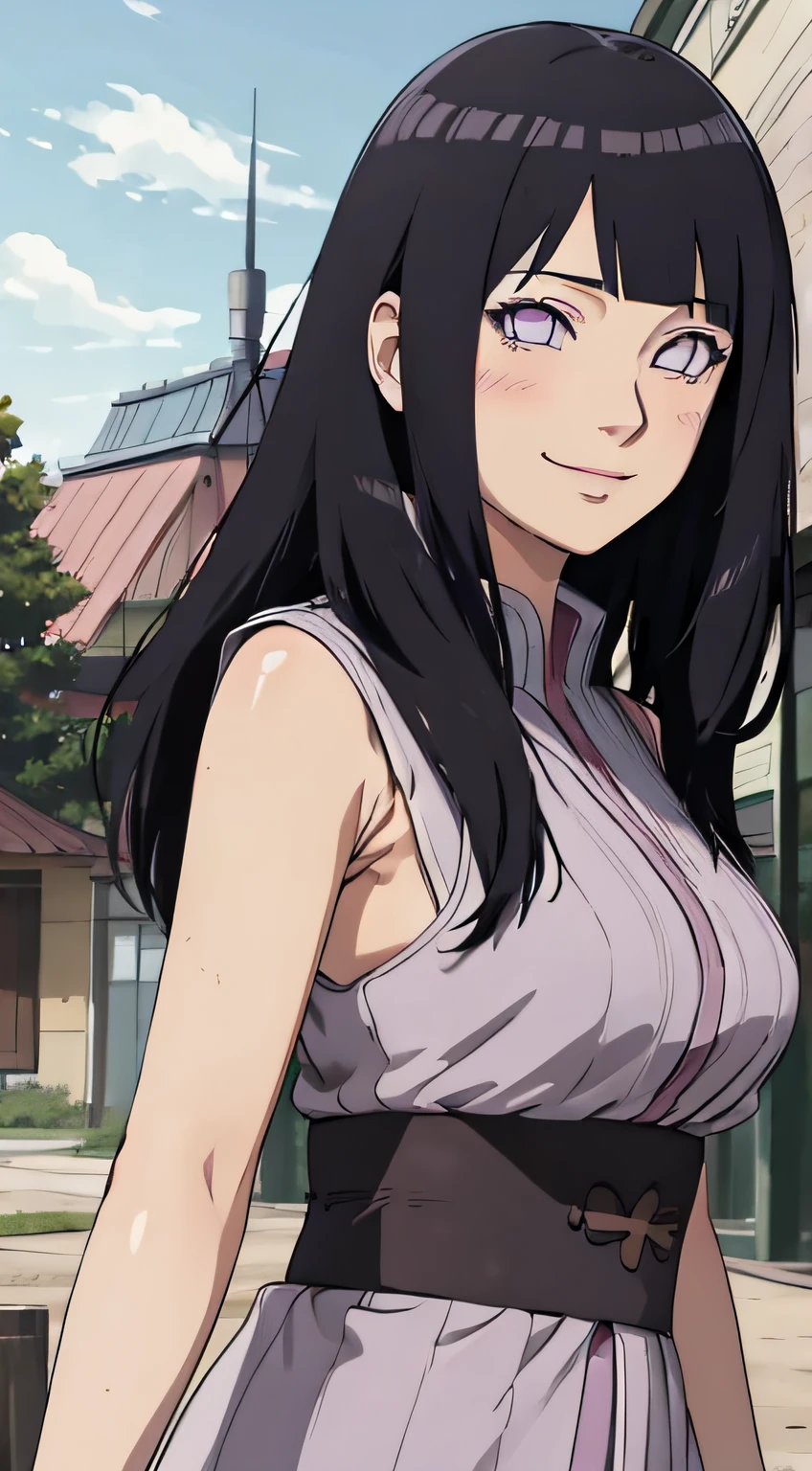 (((masterpiece))), HinataHyuga, blush, smile, 1girl, solo, long hair, looking at viewer, large breasts, black hair, purple eyes, outdoors, sky, sleeveless, looking back, blunt bangs, white eyes,  Northern Europe,