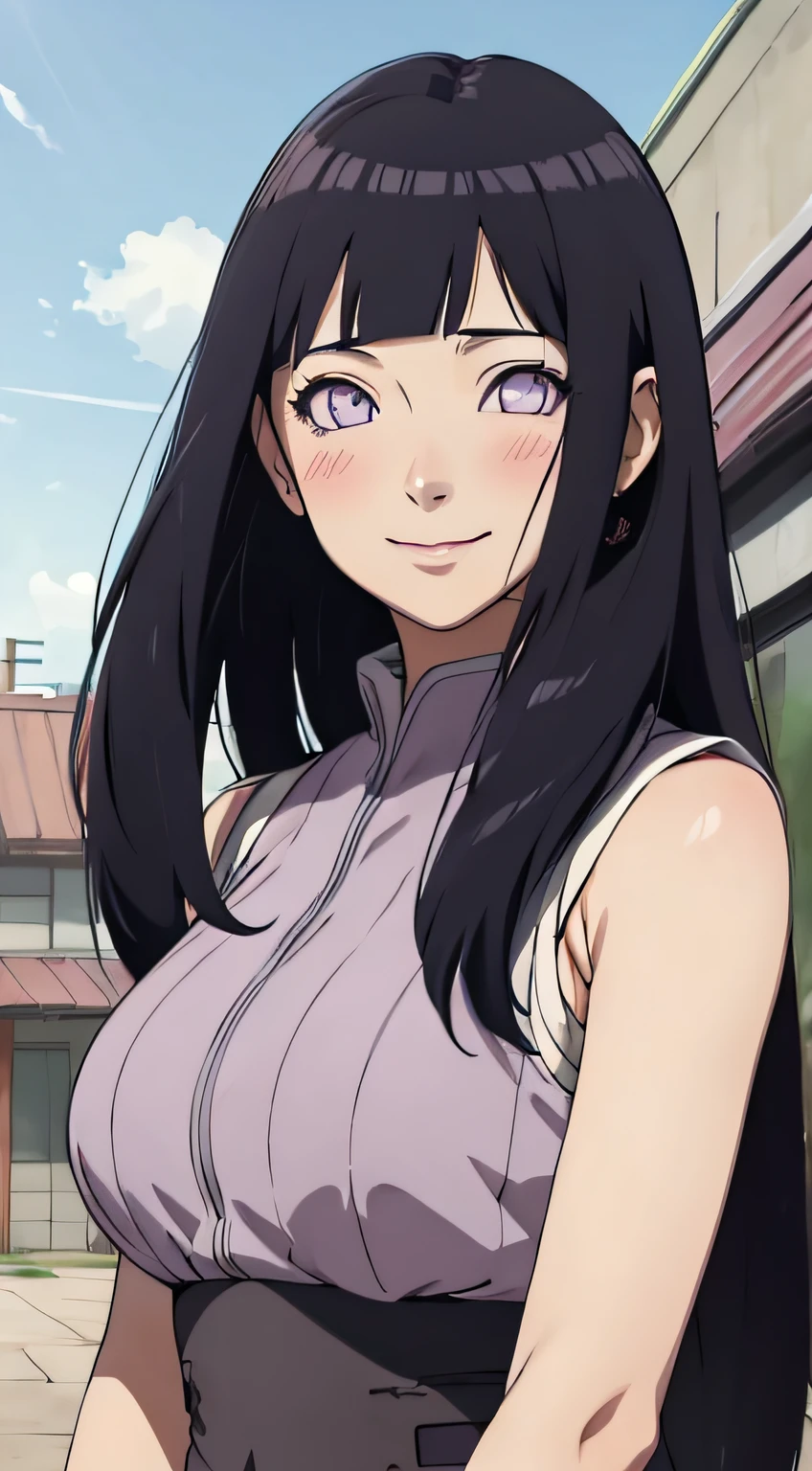 (((masterpiece))), HinataHyuga, blush, smile, 1girl, solo, long hair, looking at viewer, large breasts, black hair, purple eyes, outdoors, sky, sleeveless, looking back, blunt bangs, white eyes,  Northern Europe,