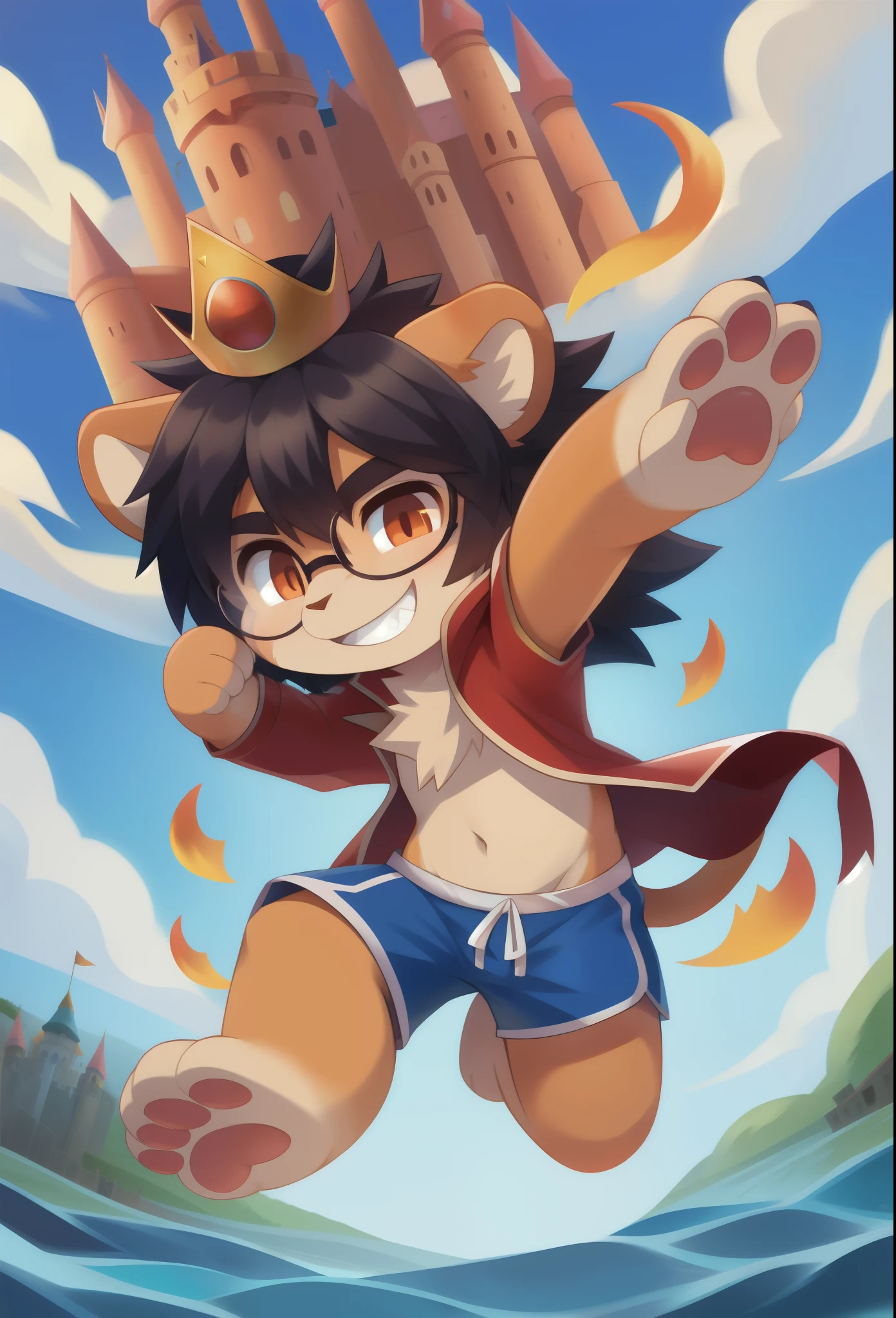 furry chibi, lion, black hair, spiky hairstyle, orange eyes, glasses, detailed body fur, red jacket, open clothes, blue swim trunks, prince crown, flat body, masterpiece, looking at you, two tone body fur, orange body fur, clear orange body fur, detailed face, big eyebrows, detailed eyes, detailed body, fantasy castle, clear sky, detailed hands, glistering body, skinny, Chibi style, run, action pose, teeth smile, full body, paws whit three toes,