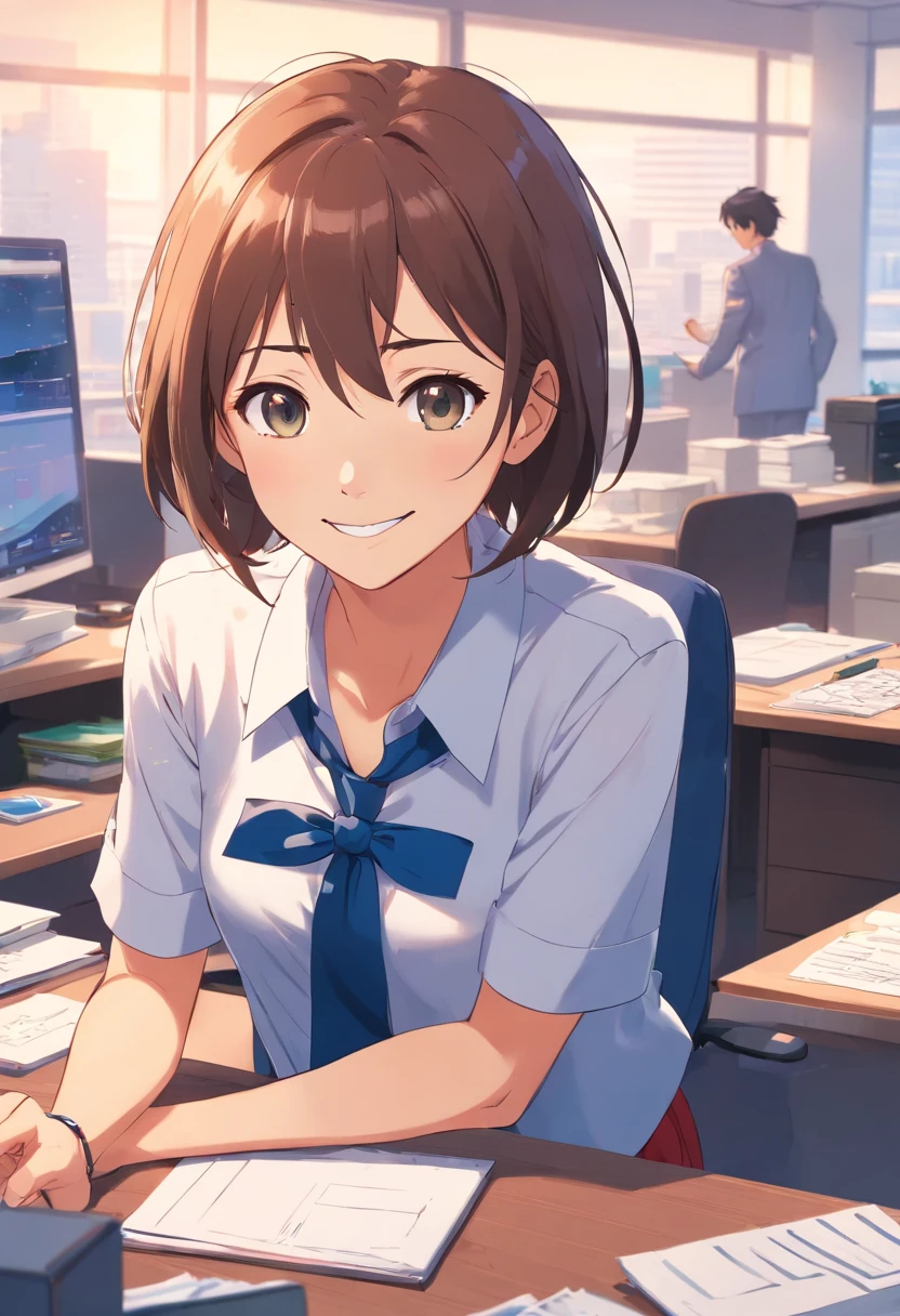 1woman,((office)), supergirl,smile,rip,shirt,secretary