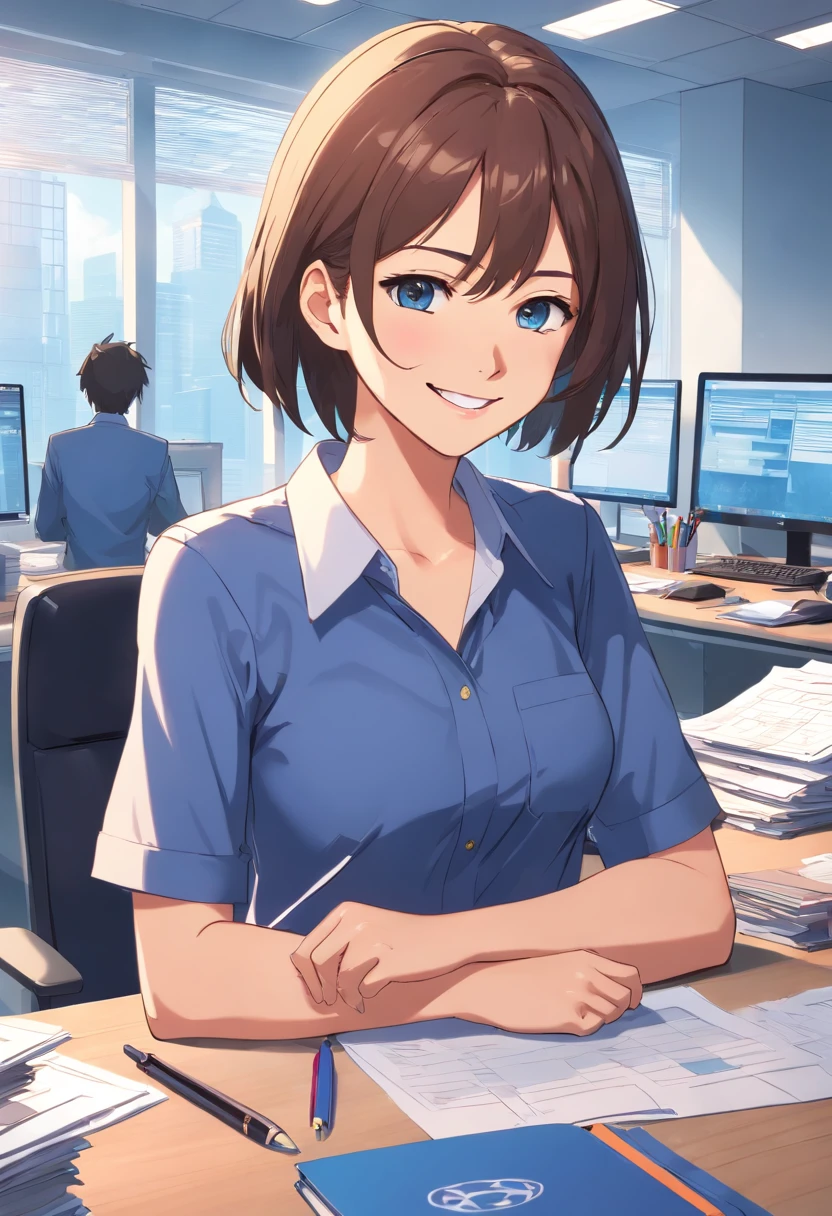 1woman,((office)), supergirl,smile,rip,shirt,secretary