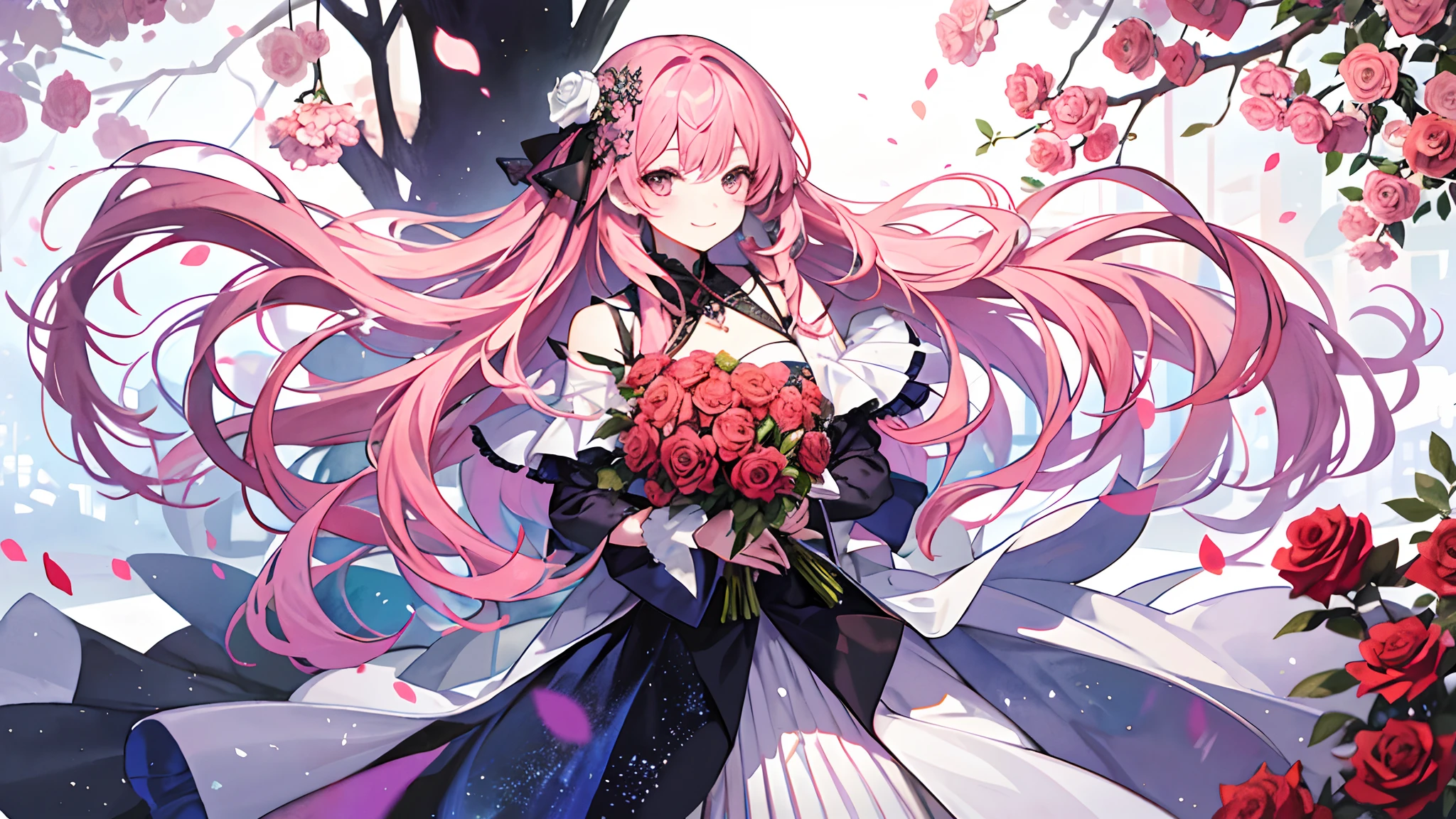 watercolor paiting、tmasterpiece、top-quality、illustratio、Extremely high quality、high-level image quality、Extremely sensitive writing)Girl with long pink hair standing in a beautiful rose garden、A slight smile、She has a bouquet of large roses,Cute Tujia style dresses,There are ruffles on the shoulders、Hair fluttering in the wind、elegent