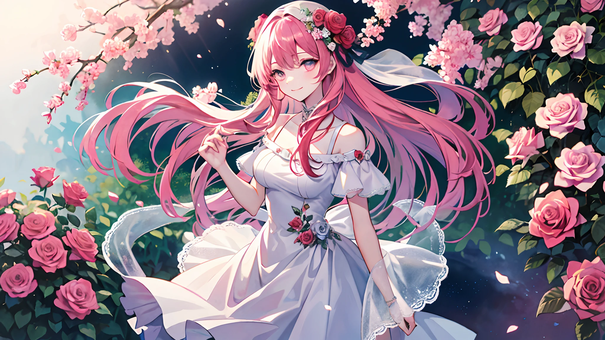 watercolor paiting、tmasterpiece、top-quality、illustratio、Extremely high quality、high-level image quality、Extremely sensitive writing)Girl with long pink hair standing in a beautiful rose garden、A slight smile、She has a bouquet of large roses，Cute Tujia style dresses，There are ruffles on the shoulders、Hair fluttering in the wind、elegent