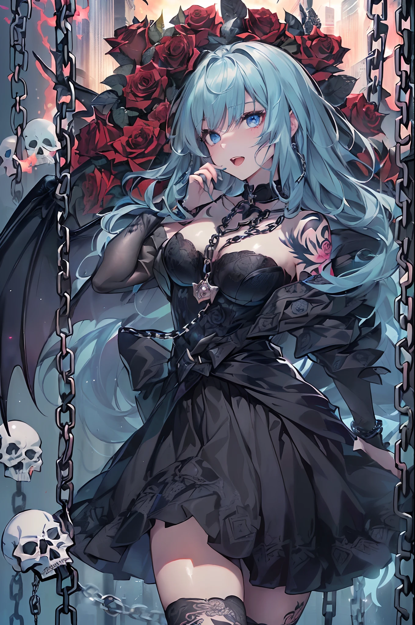 top-quality、Top image quality、masterpiece、girl with((18year old、Dark clothing、Dark bra、Dark skirt、 Best Bust、Bust 90、Blonde long、Blue eyes、open chest wide、Valley、Happiness、A slender、Provocative behavior、Evil face、Handcuffed、High laughter、Skull Tattoo、Tattoo of roses、Targeting your audience、Tighten blue rose hair、Aura of Darkness,Dark Forces,blue flames、Chain Accessories、Black wings))hiquality、Beautiful Art、Background with((prison、Dark impression、nightcity,Red sky、Many bats、many chains))、masutepiece、Elaborate design、visualart、dark art