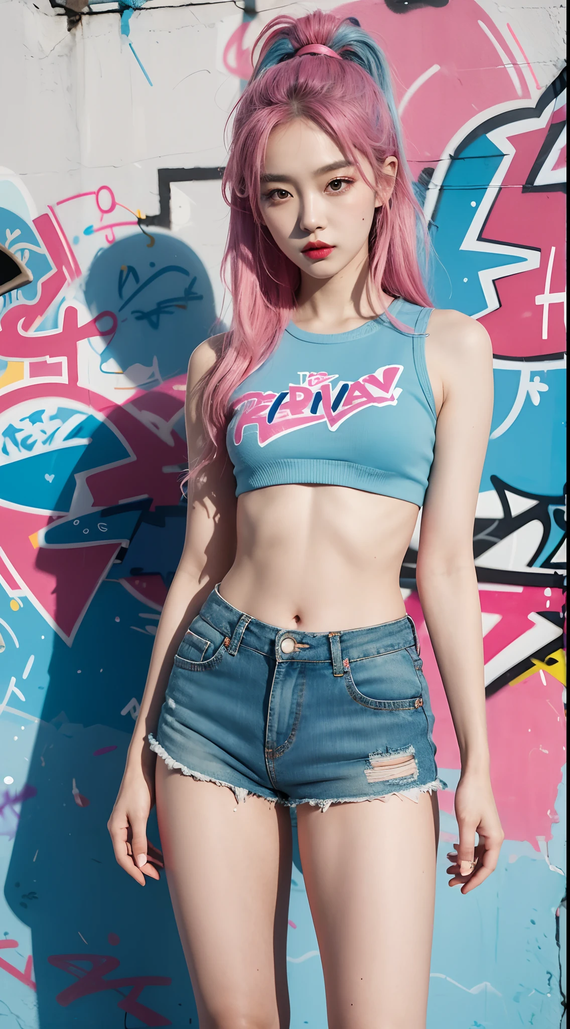 best quality, Clarity, 4k, 8k, detail, actual, Beautiful Girl, Korean makeup, Red lips, pink and blue hair, Perfect body, thigh, stand, pose standing, Pose dynamically for photos, medium chest, Graffiti crop top, pink and blue shorts, Solid graffiti wall background, Graffiti art,