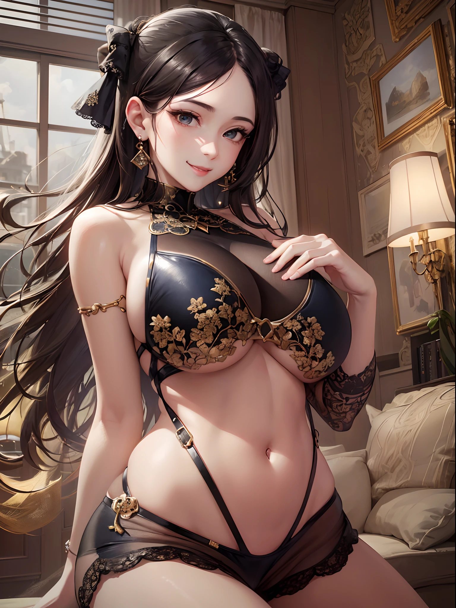 (Finest quality)),(超A high resolution),(ultra-detailliert),(Meticulous portrayal),((The best photos)),(Finest works of art),Ultra-Precision Art,The art of astounding depiction,Photorealsitic:1.5, appearance々Woman in a swimsuit:1.3, (Beautiful face with dense and detailed details:1.3),a smile:1.3, huge tit:1.6,cleavage of the breast:1.4 Slim Body,abdominals