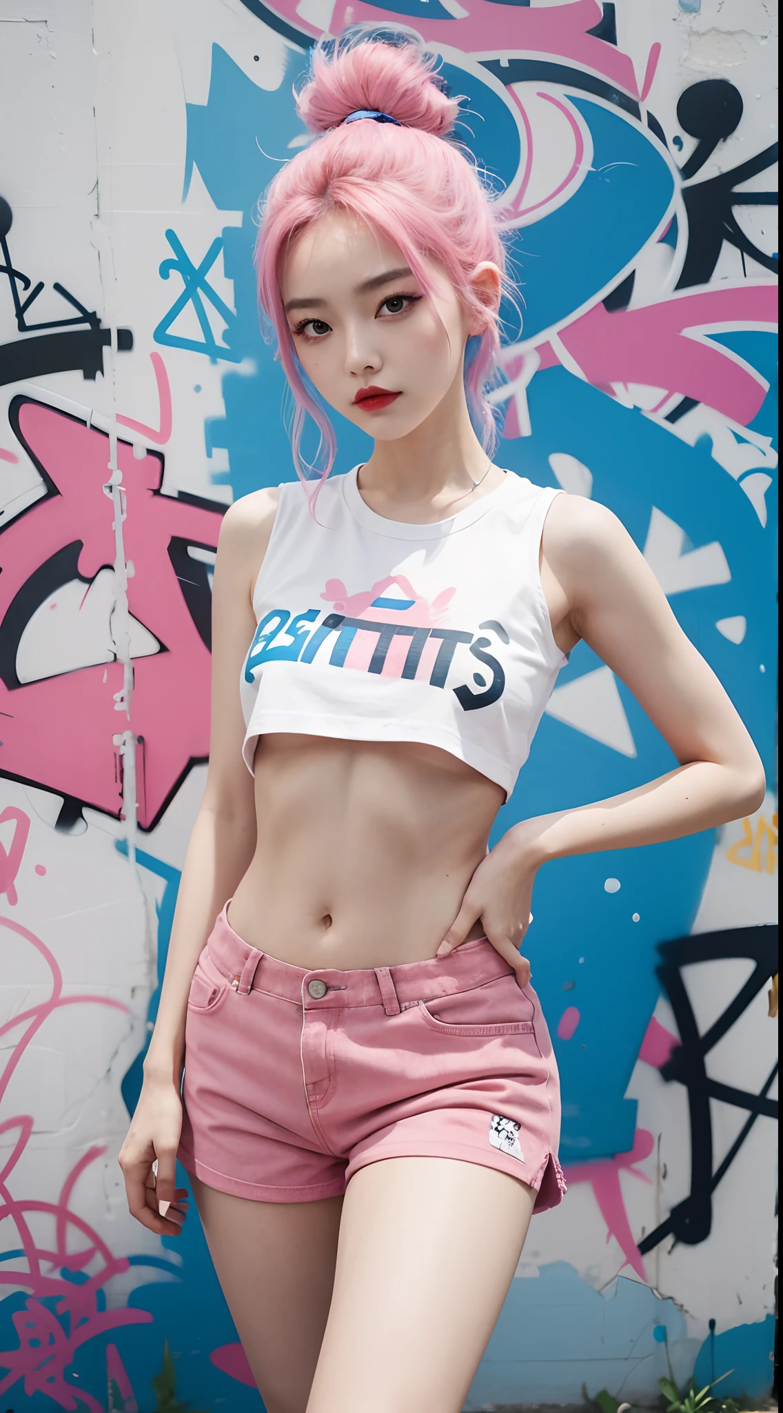 best quality, Clarity, 4k, 8k, detail, actual, Beautiful Girl, Korean makeup, Red lips, pink and blue hair, Perfect body, thigh, stand, pose standing, Pose dynamically for photos, medium chest, Graffiti crop top, pink and blue shorts, Solid graffiti wall background, Graffiti art,