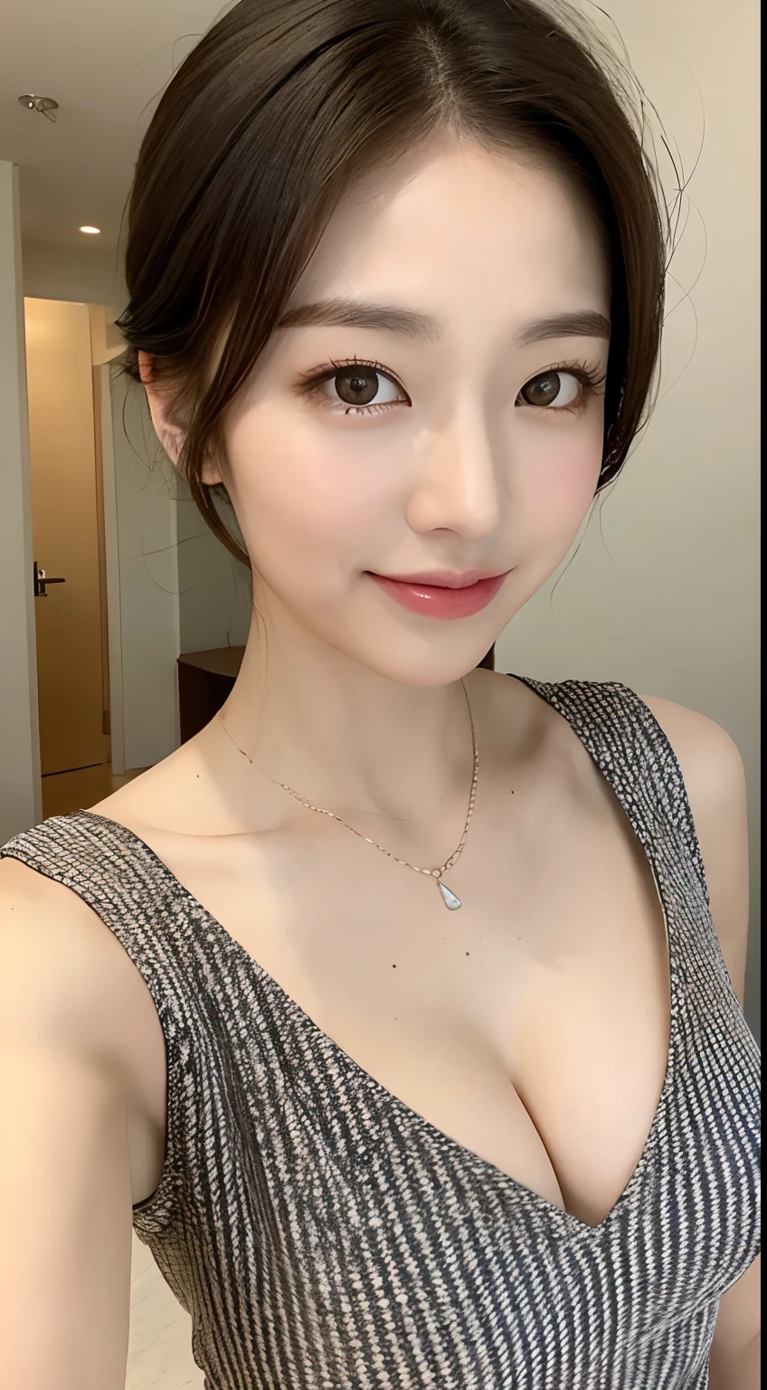 25 years Old woman,  Sleeveless shirt, cleavage, beauty face, thin, Updo hair style, small breast