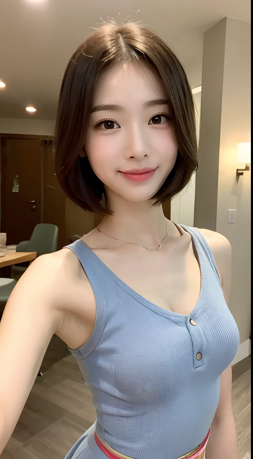 Underwear、beauty legs、A slender、Women in Japan、A smile、high-level image quality、cafes、short-hair、23years old、Big eyes、Kamimei、Cafe Clerk、Leaning forward to emphasize cleavage