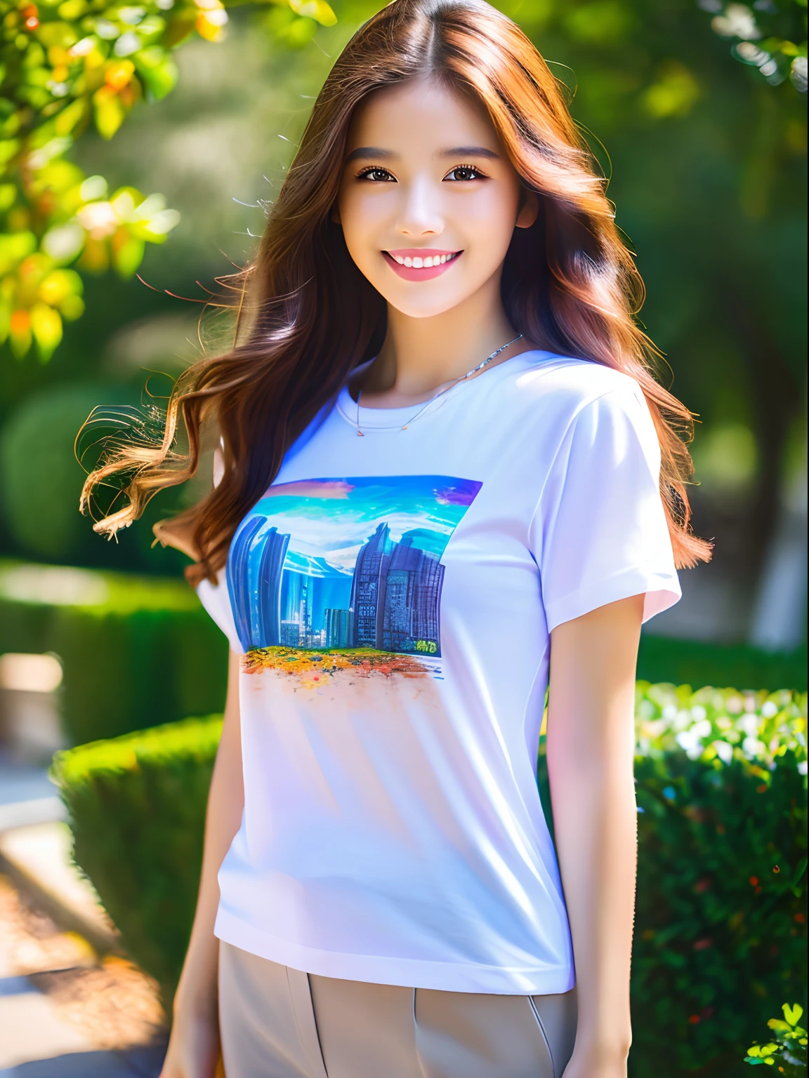 master piece,8k,(master piece,photorealistic:1.5),(master piece,ultra high resolution:1.5),(master piece,best quality,ultra detailed:1.5),
beautiful girl,full body,10's,light smile,t-shirt,