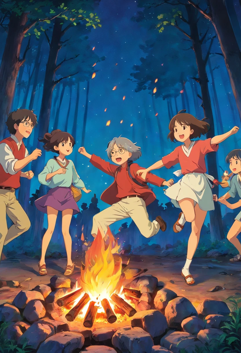 A group of people danced around a campfire,the night