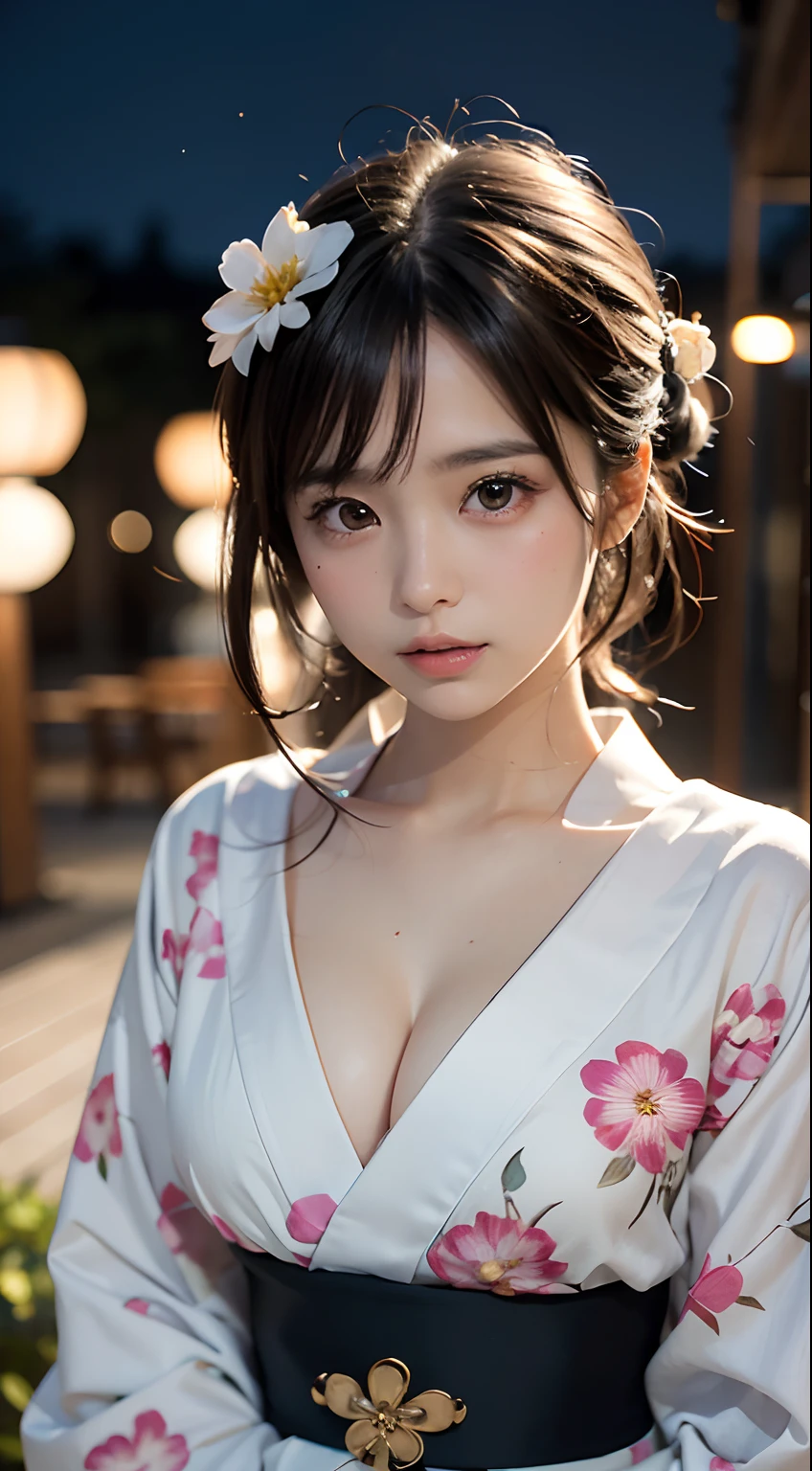 (masutepiece, Best Quality:1.4), Beautiful face, 8K, 85 mm, absurderes, (floral pattern yukata:1.4), The upper part of the body, Exposing breasts、 violaceaess, gardeniass, Delicate girl, Solo, Night, Looking at Viewer, Upper body, Film grain, chromatic abberation, Sharp Focus, face lights, Professional Lighting, Sophisticated, (Smile:0.4), cleavage, (Simple background, Bokeh background:1.2), Detail Face