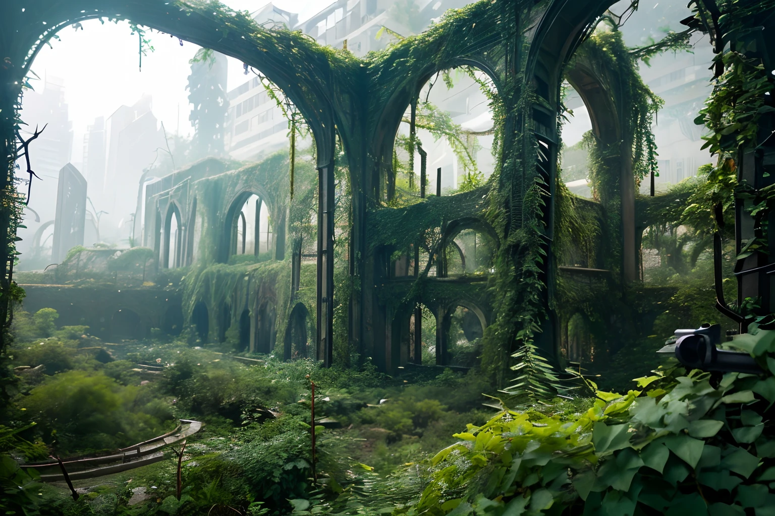 Vines covered in black thorns entangle the ruins of a futuristic city