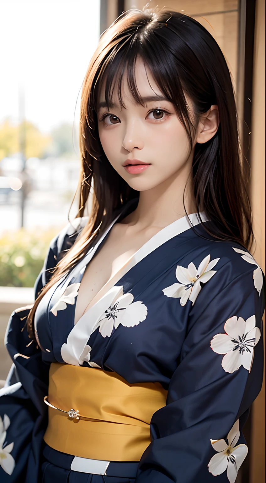 (masutepiece, Best Quality:1.4), Beautiful face, 8K, 85 mm, absurderes, (japanese kimono:1.4), The upper part of the body, cleavage of the breast、Facing the camera、 violaceaess, gardeniass, Delicate girl, Solo, knight, Looking at Viewer, Upper body, Film grain, chromatic abberation, Sharp Focus, face lights, Professional Lighting, Sophisticated, (Smile:0.4), cleavage, (Simple background, Bokeh background:1.2), Detail Face、Snow piled up、snowscape